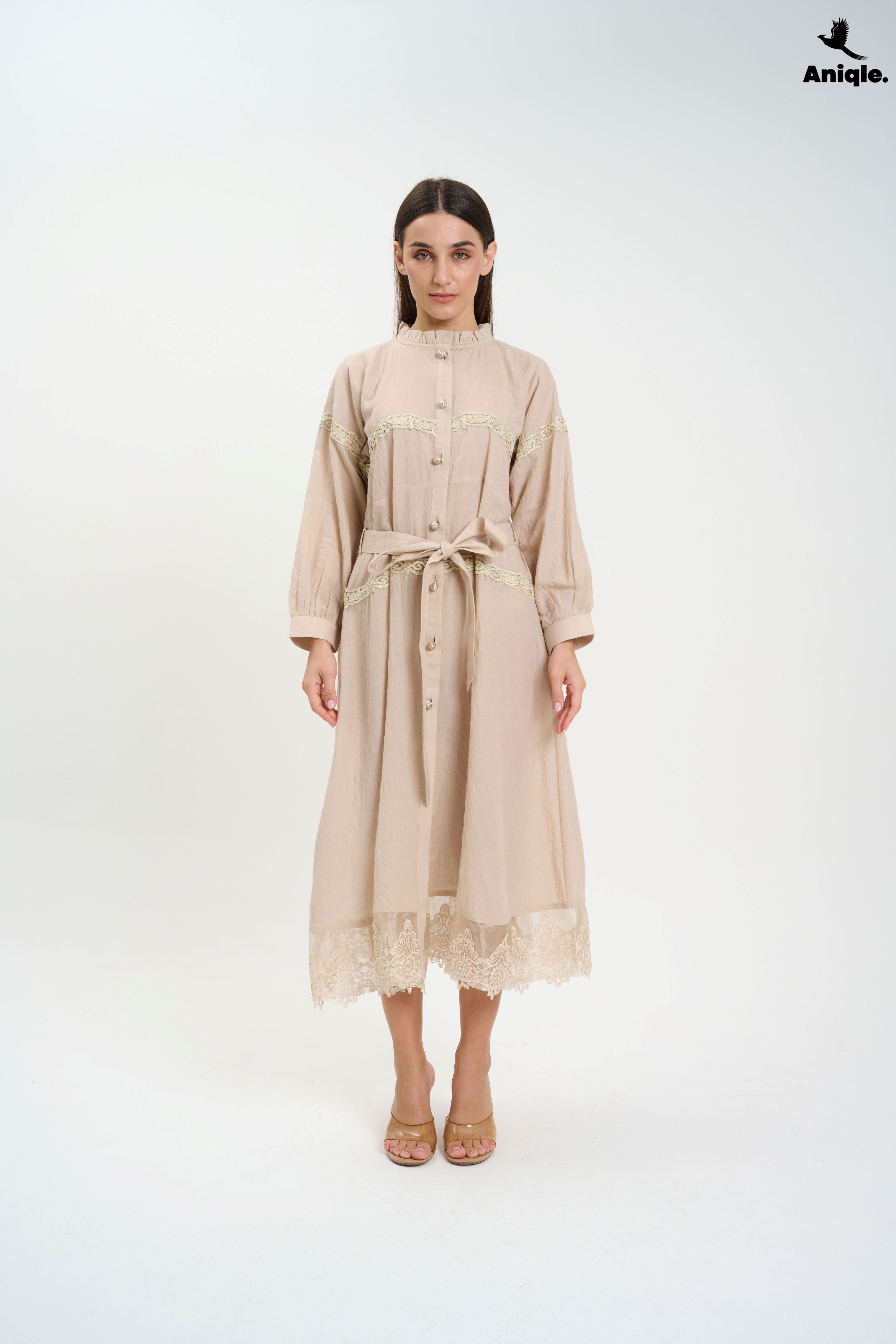 ANQ-10014 Beige Lace-Trimmed Button-Down Midi Dress