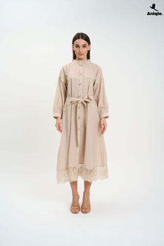 ANQ-10014 Beige Lace-Trimmed Button-Down Midi Dress