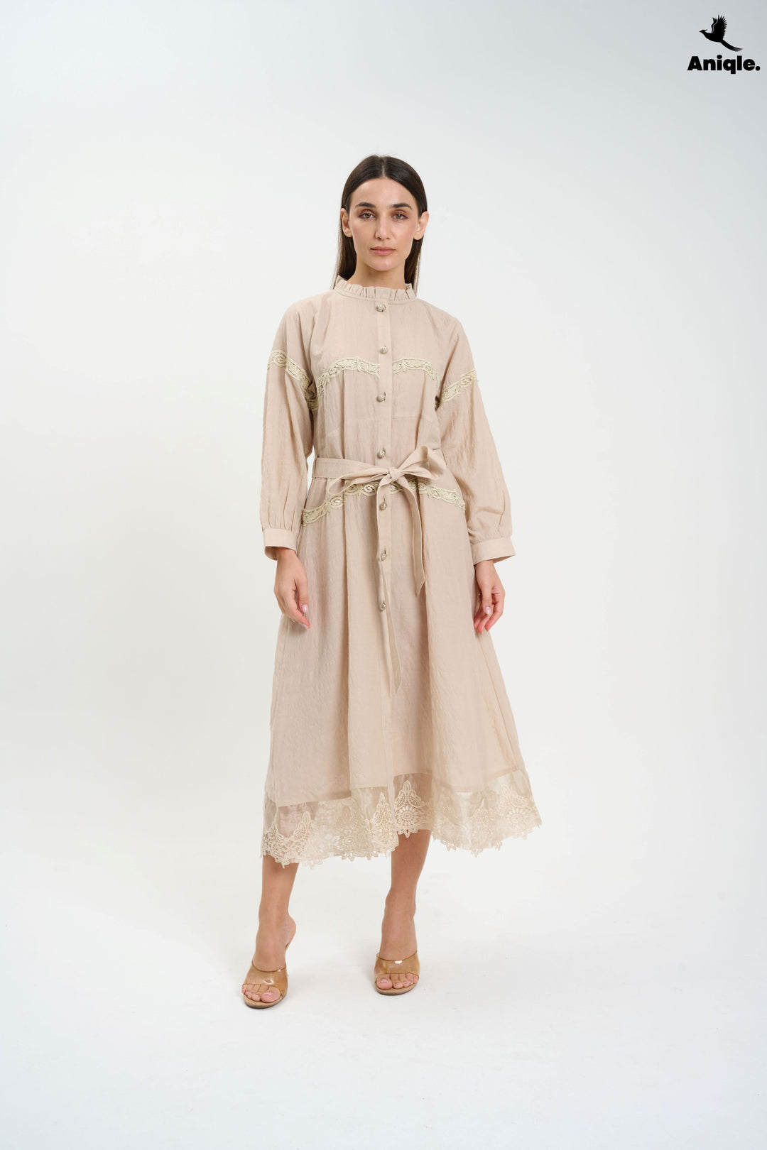 Beige Lace-Trimmed Button-Down Midi Dress