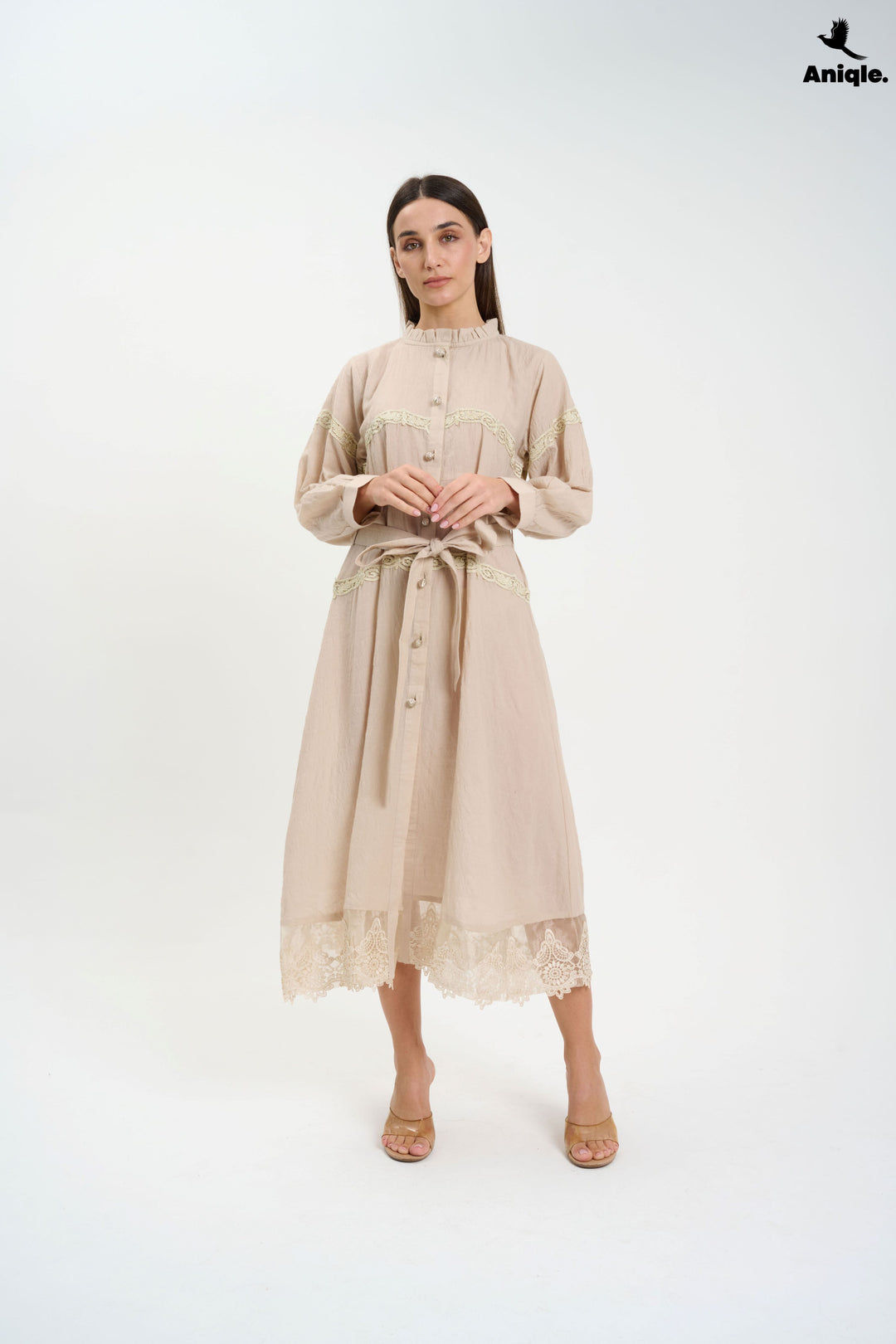 Beige Lace-Trimmed Button-Down Midi Dress