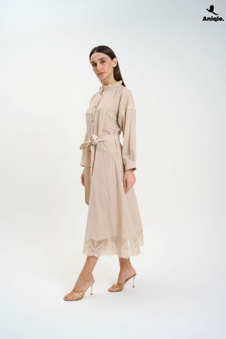 Beige Lace-Trimmed Button-Down Midi Dress