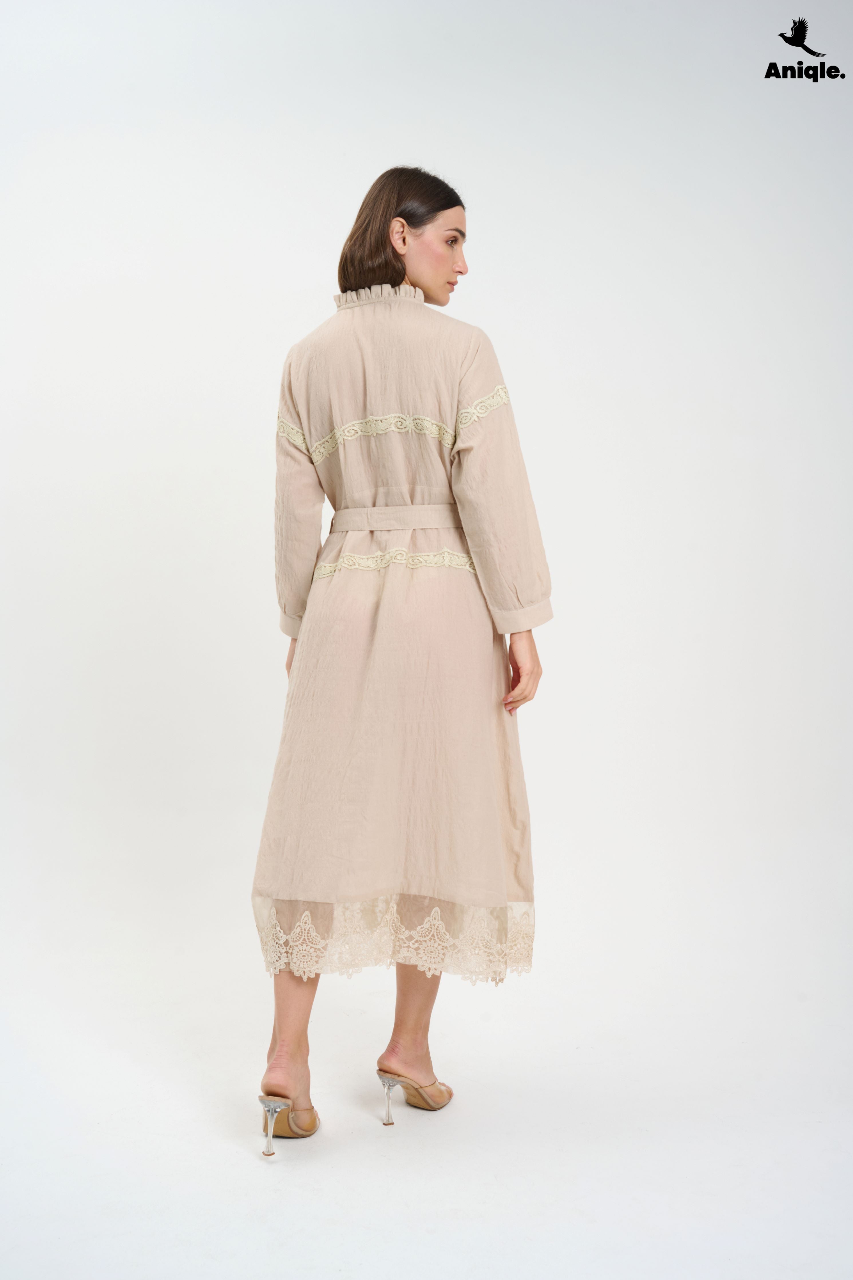 ANQ-10014 Beige Lace-Trimmed Button-Down Midi Dress