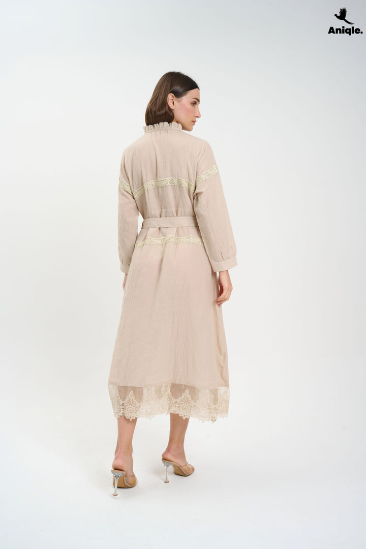Beige Lace-Trimmed Button-Down Midi Dress