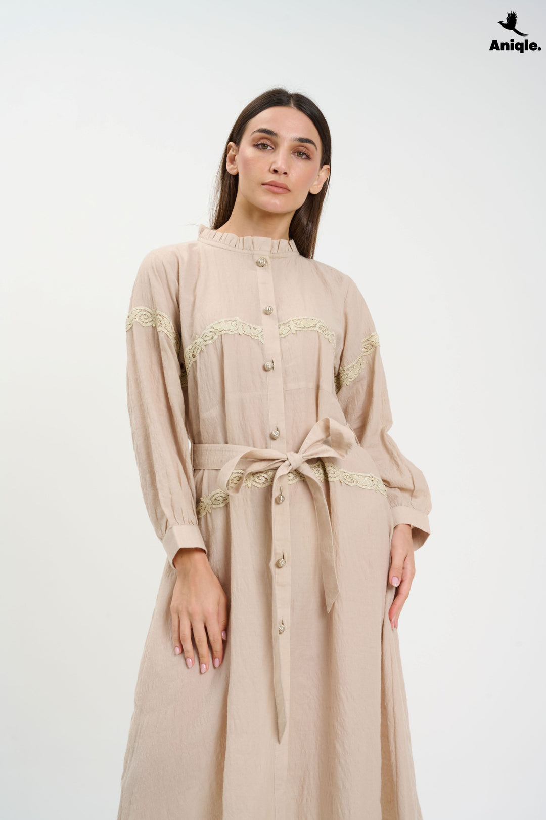 Beige Lace-Trimmed Button-Down Midi Dress