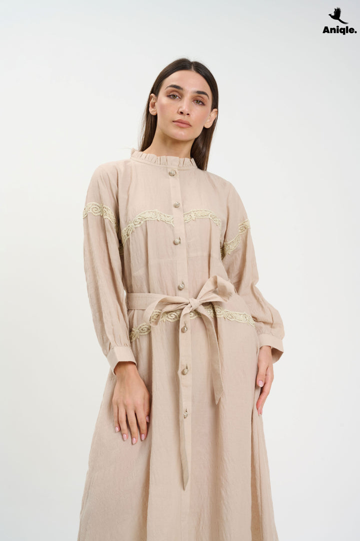 Beige Lace-Trimmed Button-Down Midi Dress