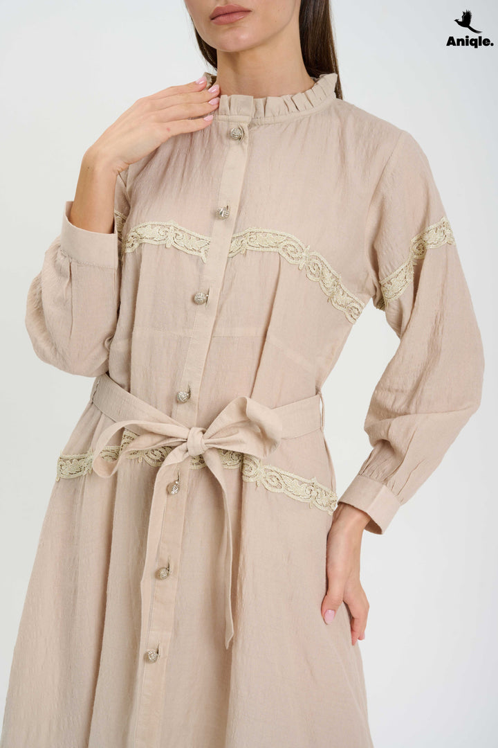 Beige Lace-Trimmed Button-Down Midi Dress