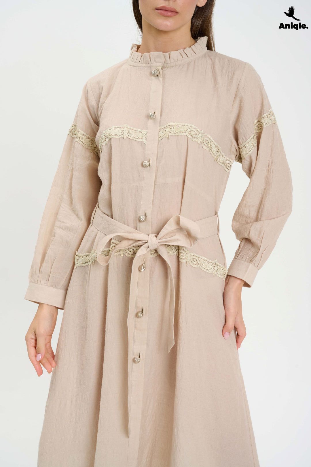 Beige Lace-Trimmed Button-Down Midi Dress