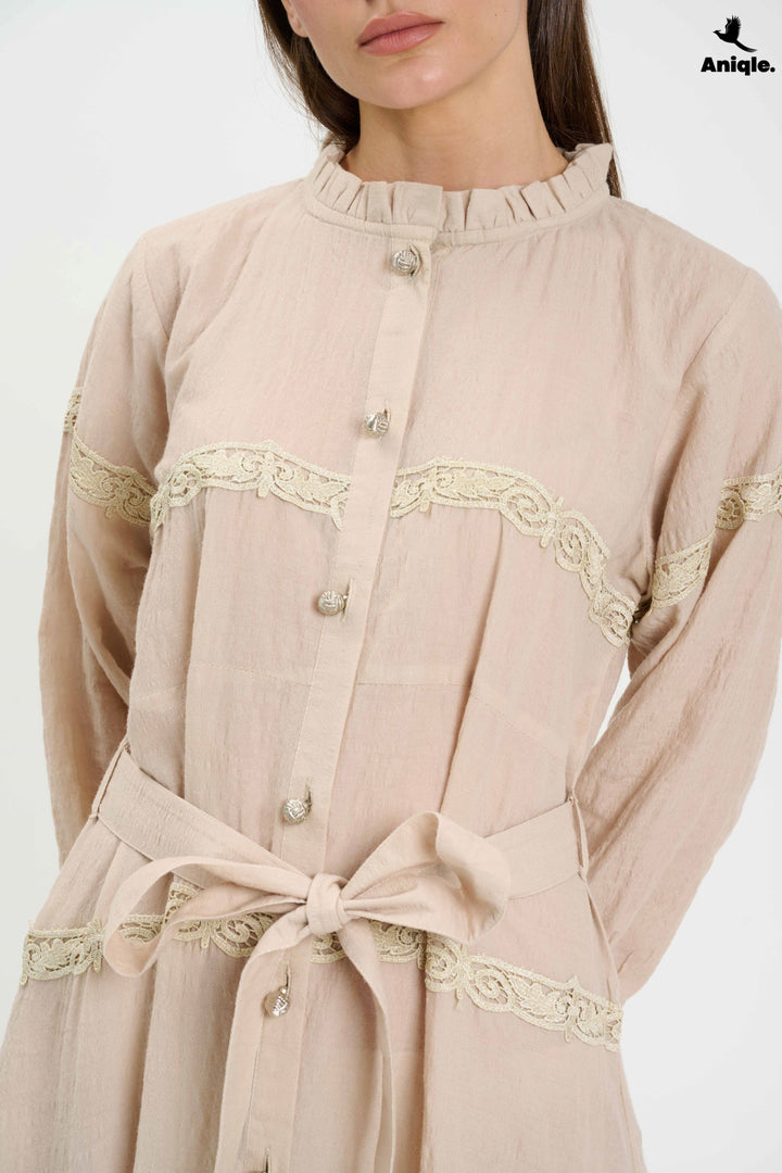 Beige Lace-Trimmed Button-Down Midi Dress