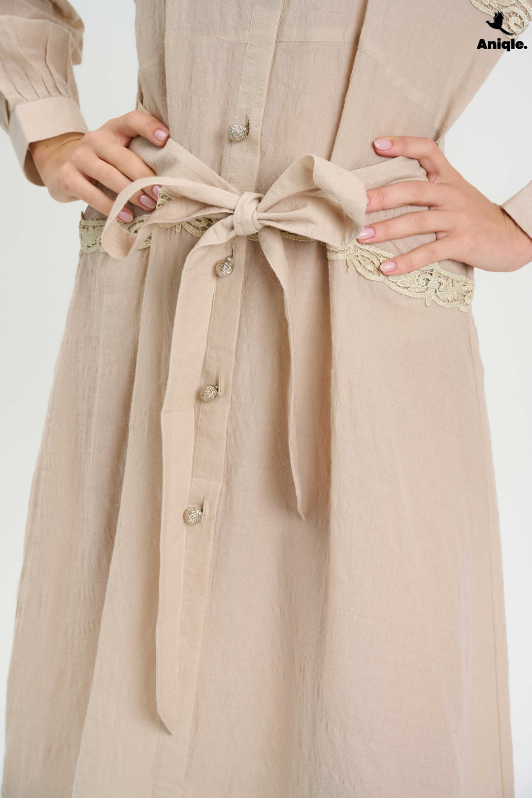 Beige Lace-Trimmed Button-Down Midi Dress