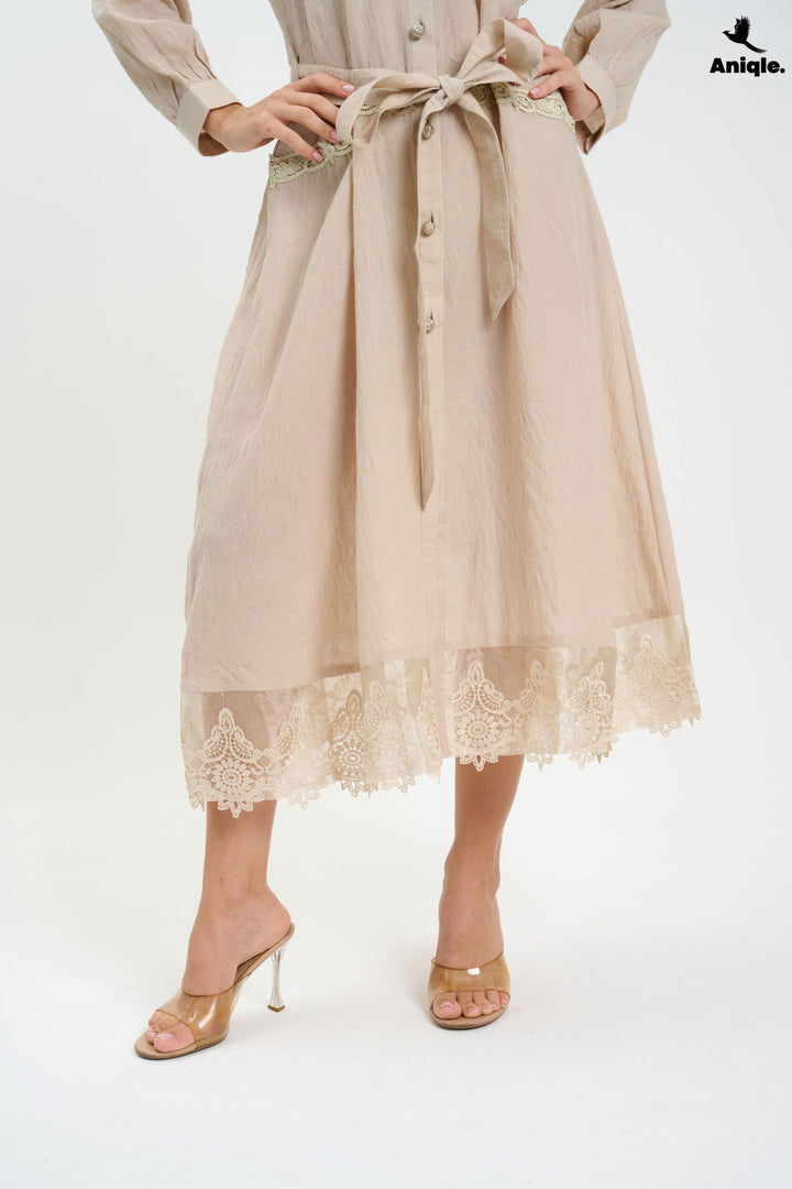Beige Lace-Trimmed Button-Down Midi Dress