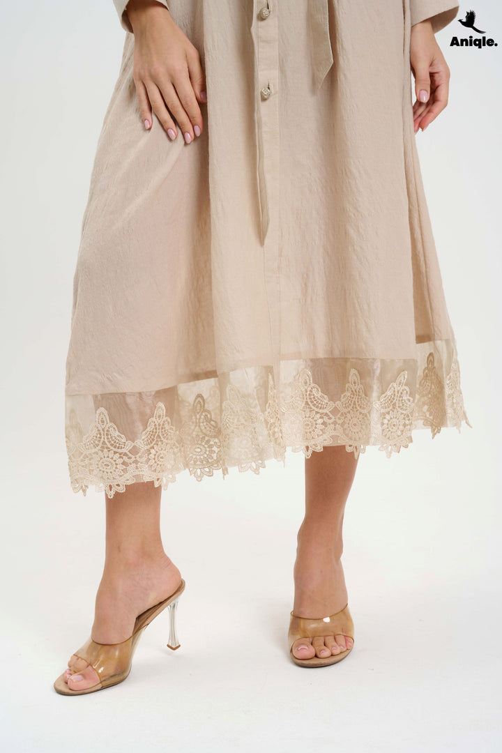 Beige Lace-Trimmed Button-Down Midi Dress