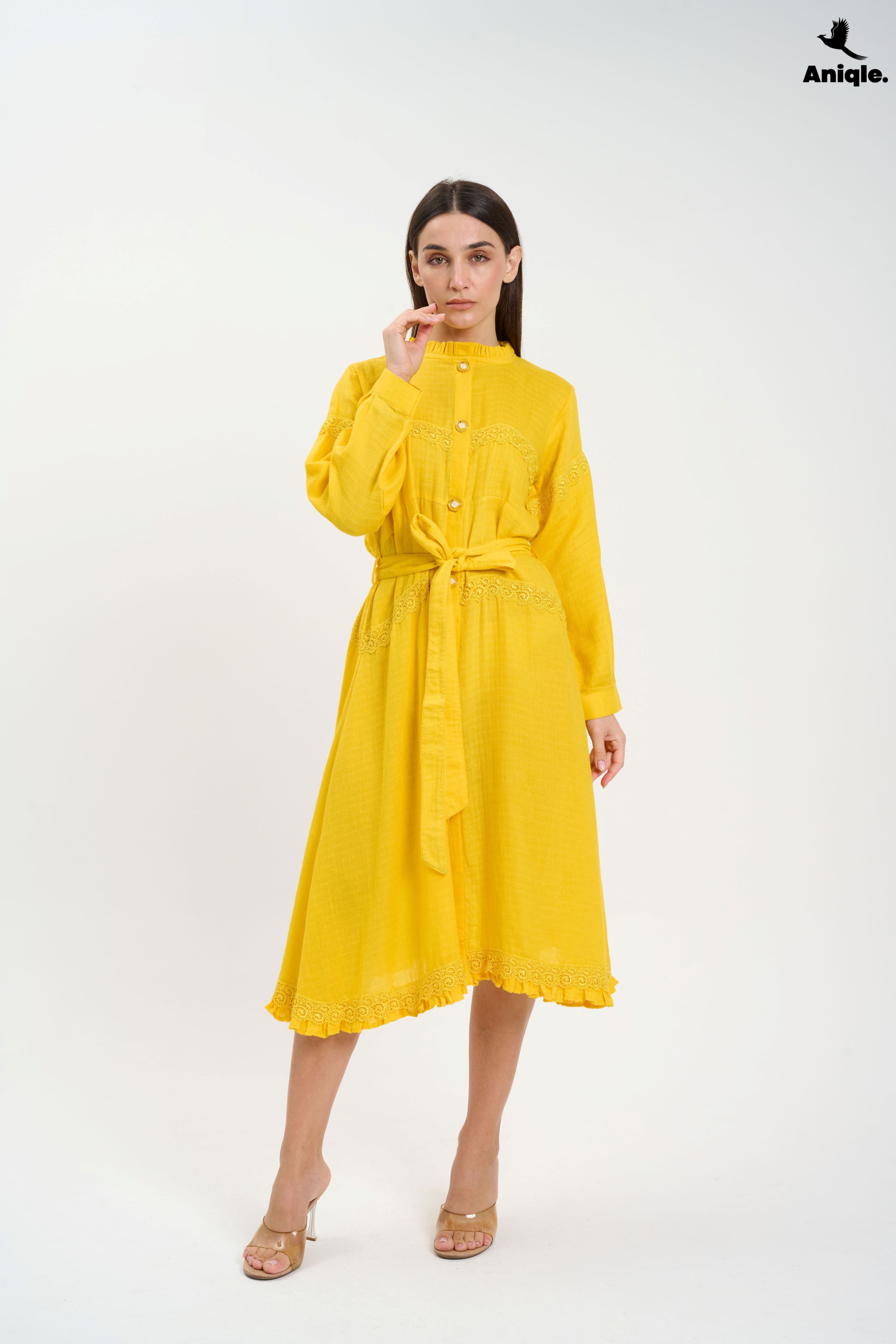 ANQ-10015 Bright Yellow Button-Down Midi Dress