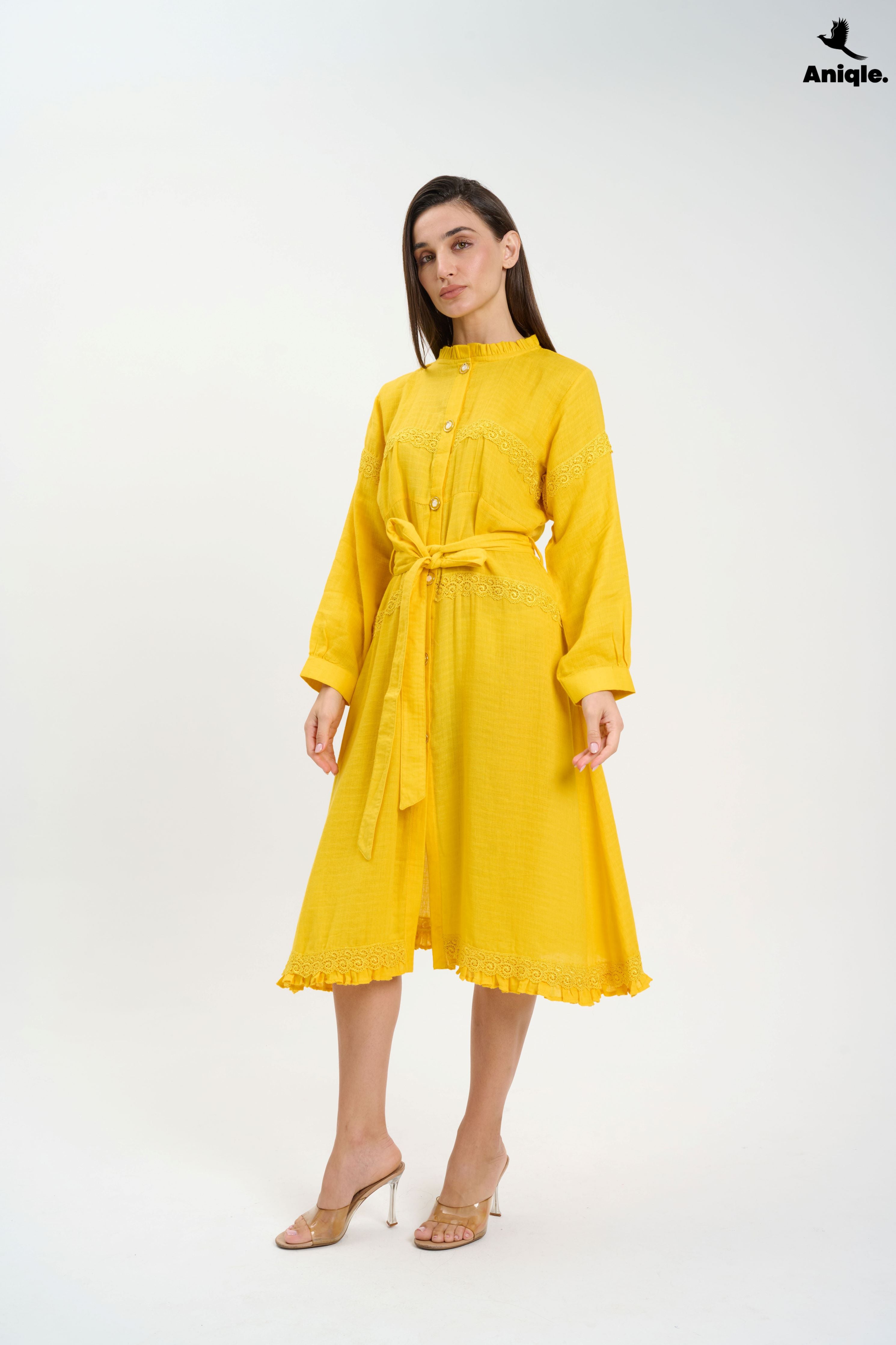 ANQ-10015 Bright Yellow Button-Down Midi Dress