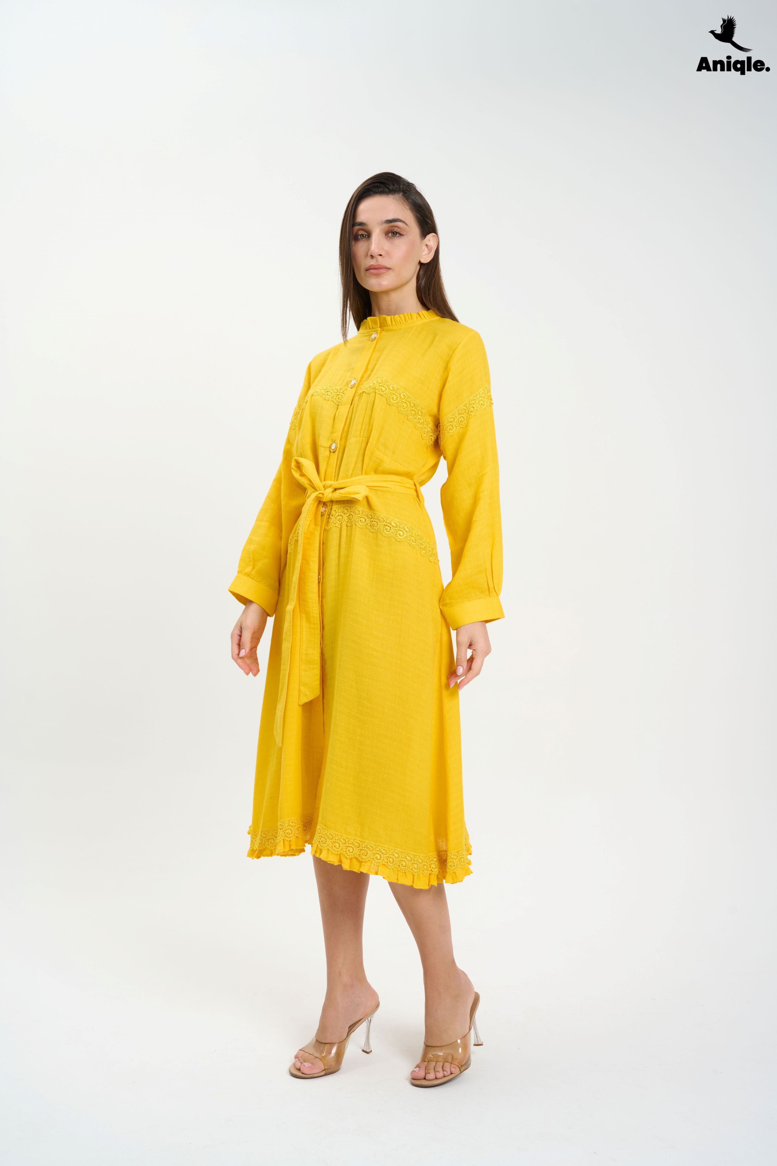 ANQ-10015 Bright Yellow Button-Down Midi Dress