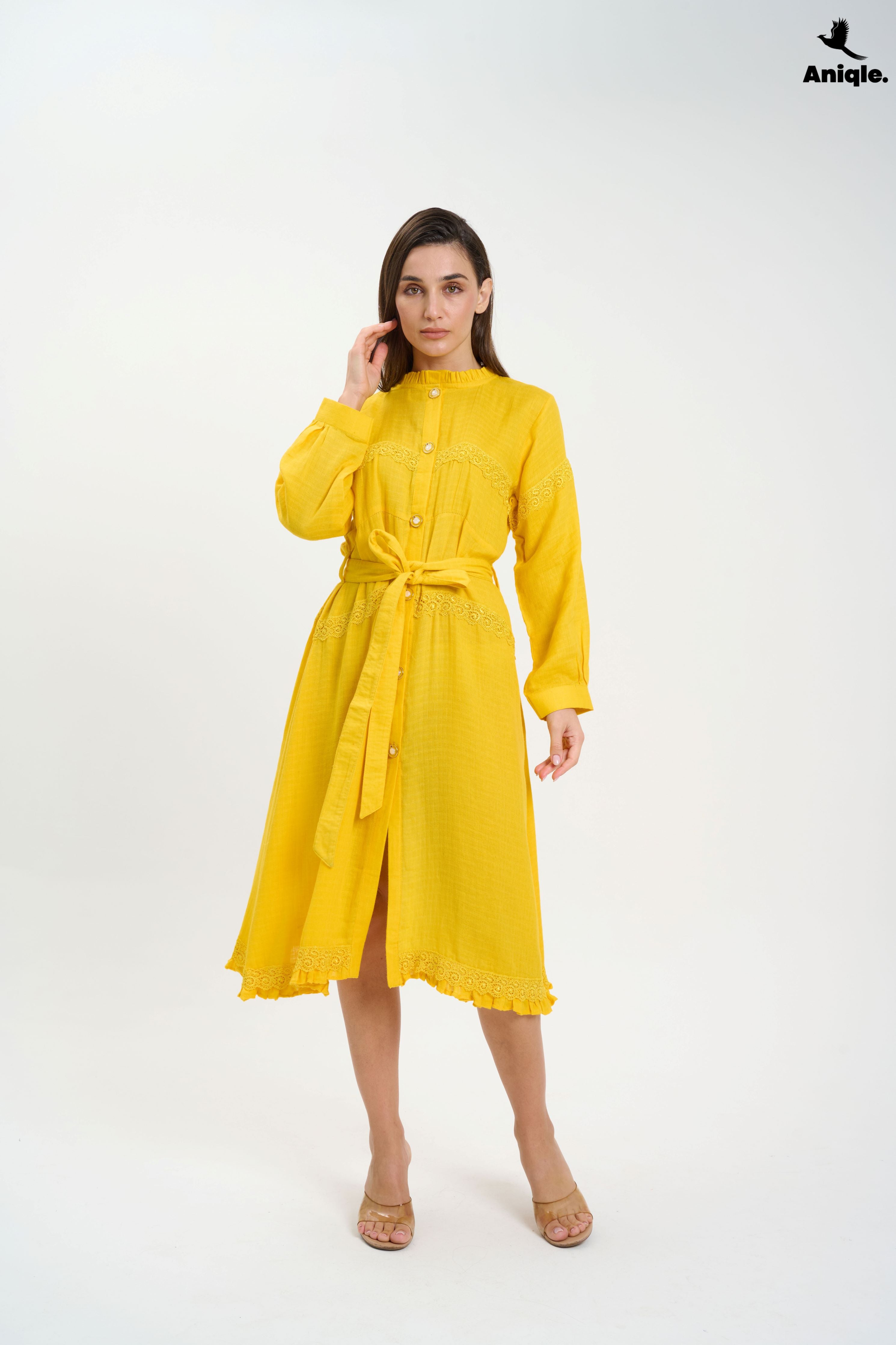 ANQ-10015 Bright Yellow Button-Down Midi Dress