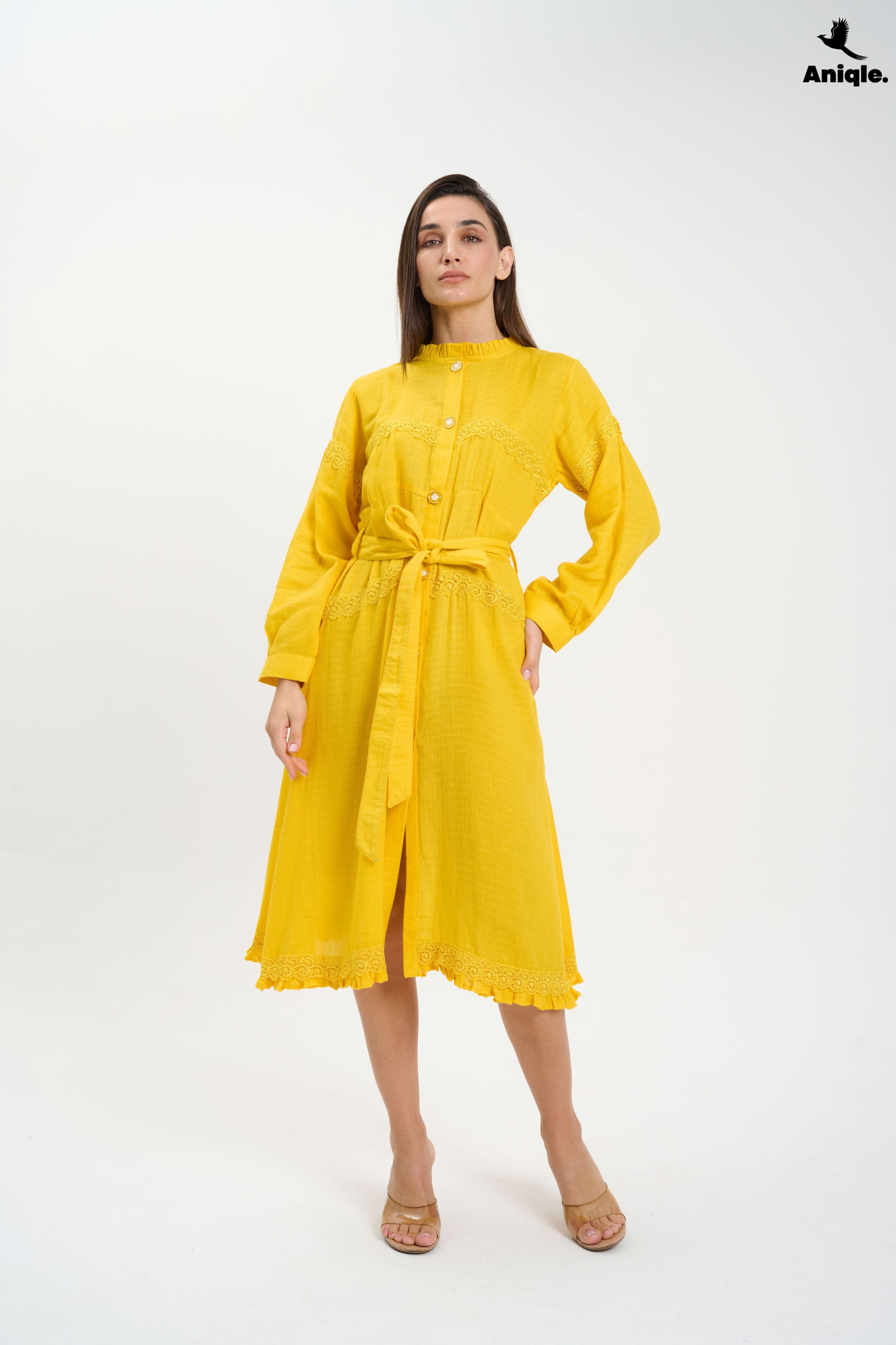 ANQ-10015 Bright Yellow Button-Down Midi Dress