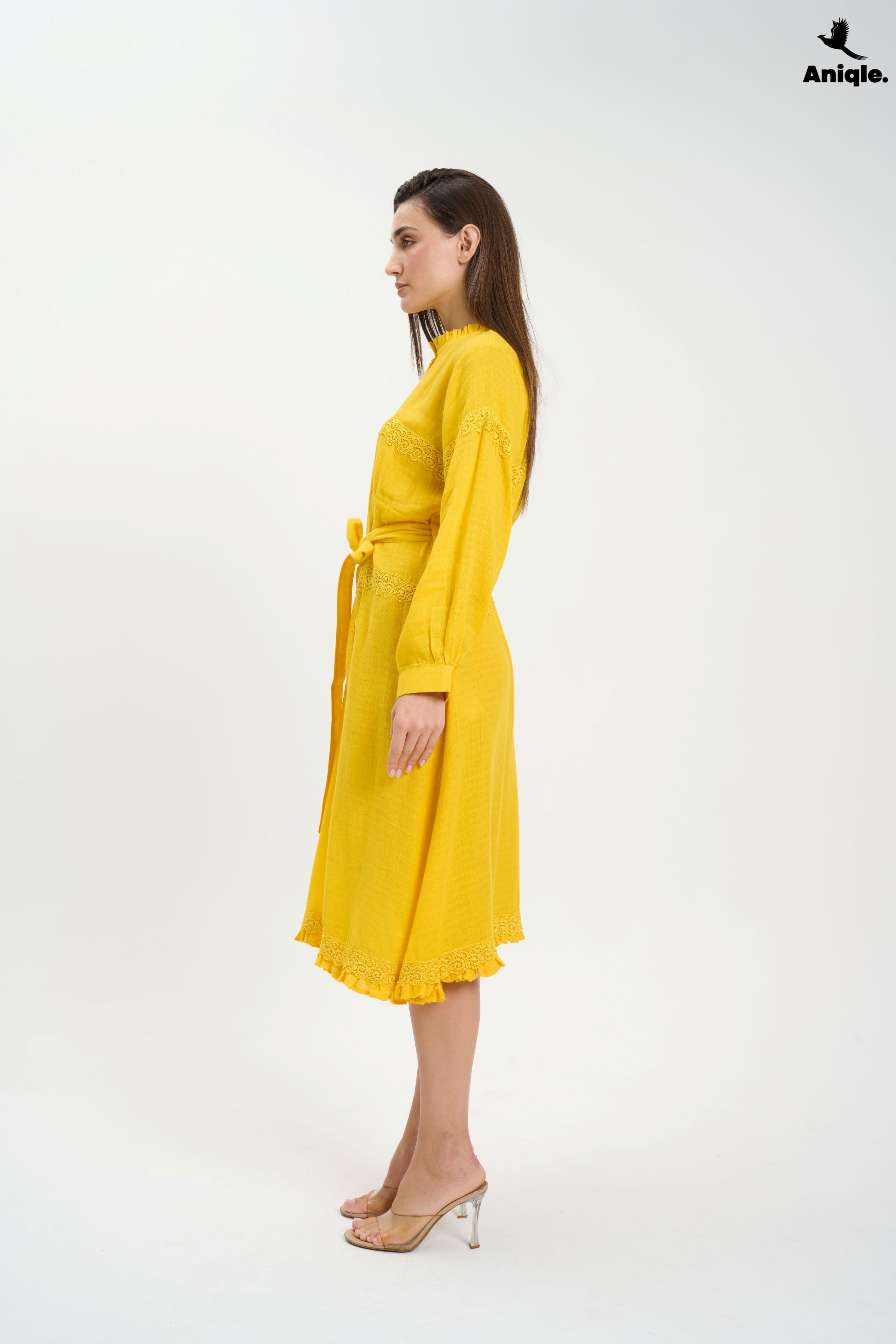 ANQ-10015 Bright Yellow Button-Down Midi Dress
