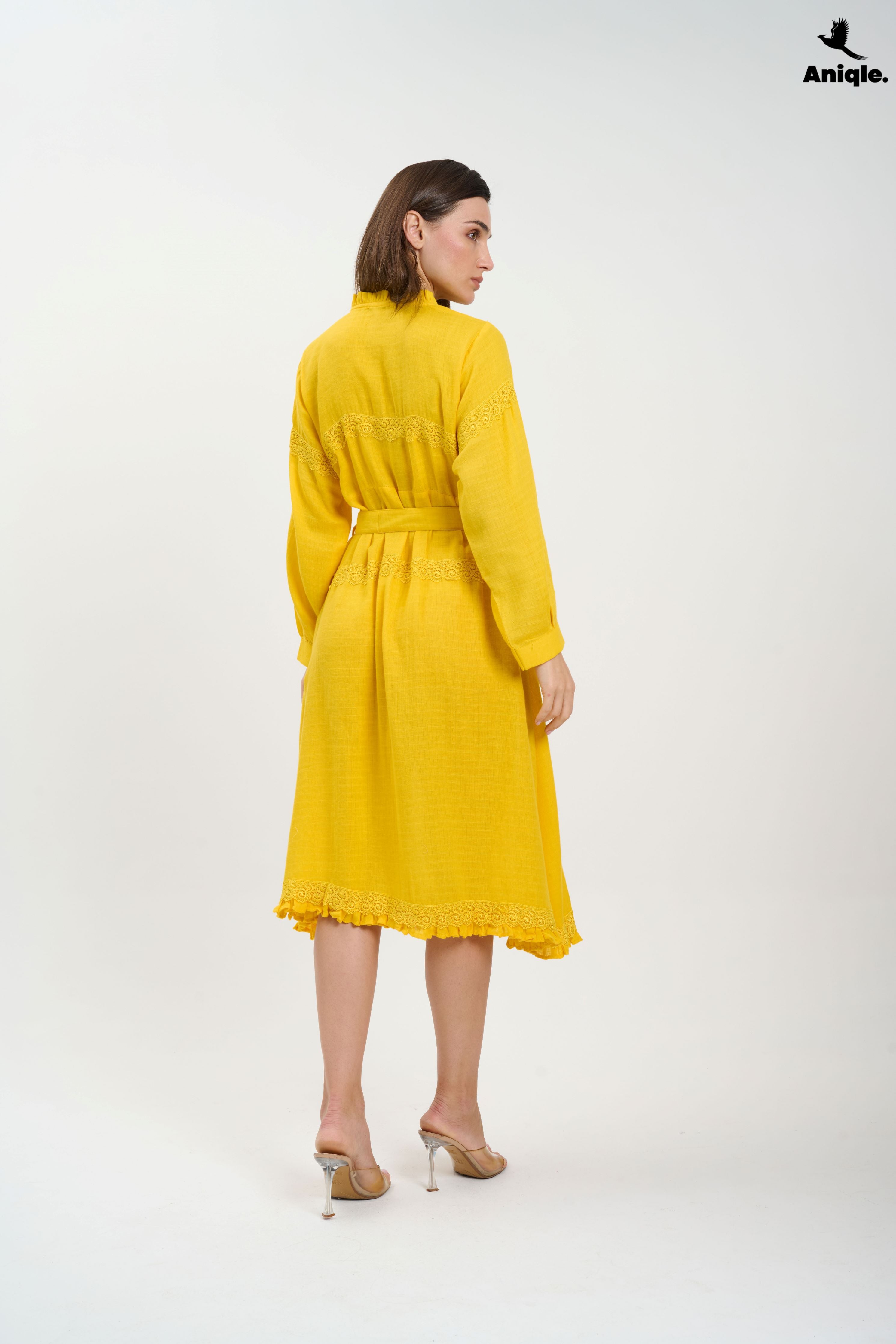 ANQ-10015 Bright Yellow Button-Down Midi Dress