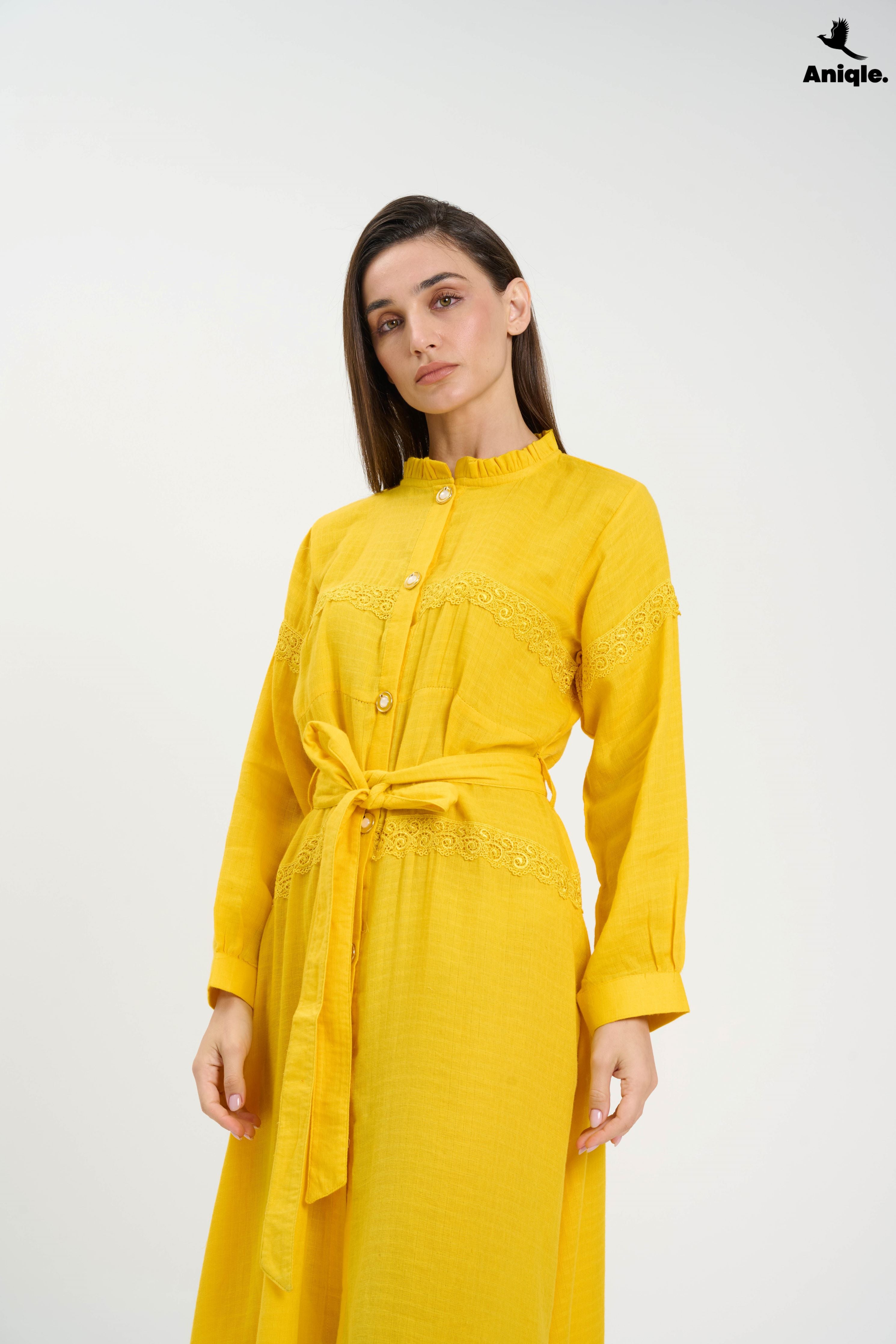ANQ-10015 Bright Yellow Button-Down Midi Dress
