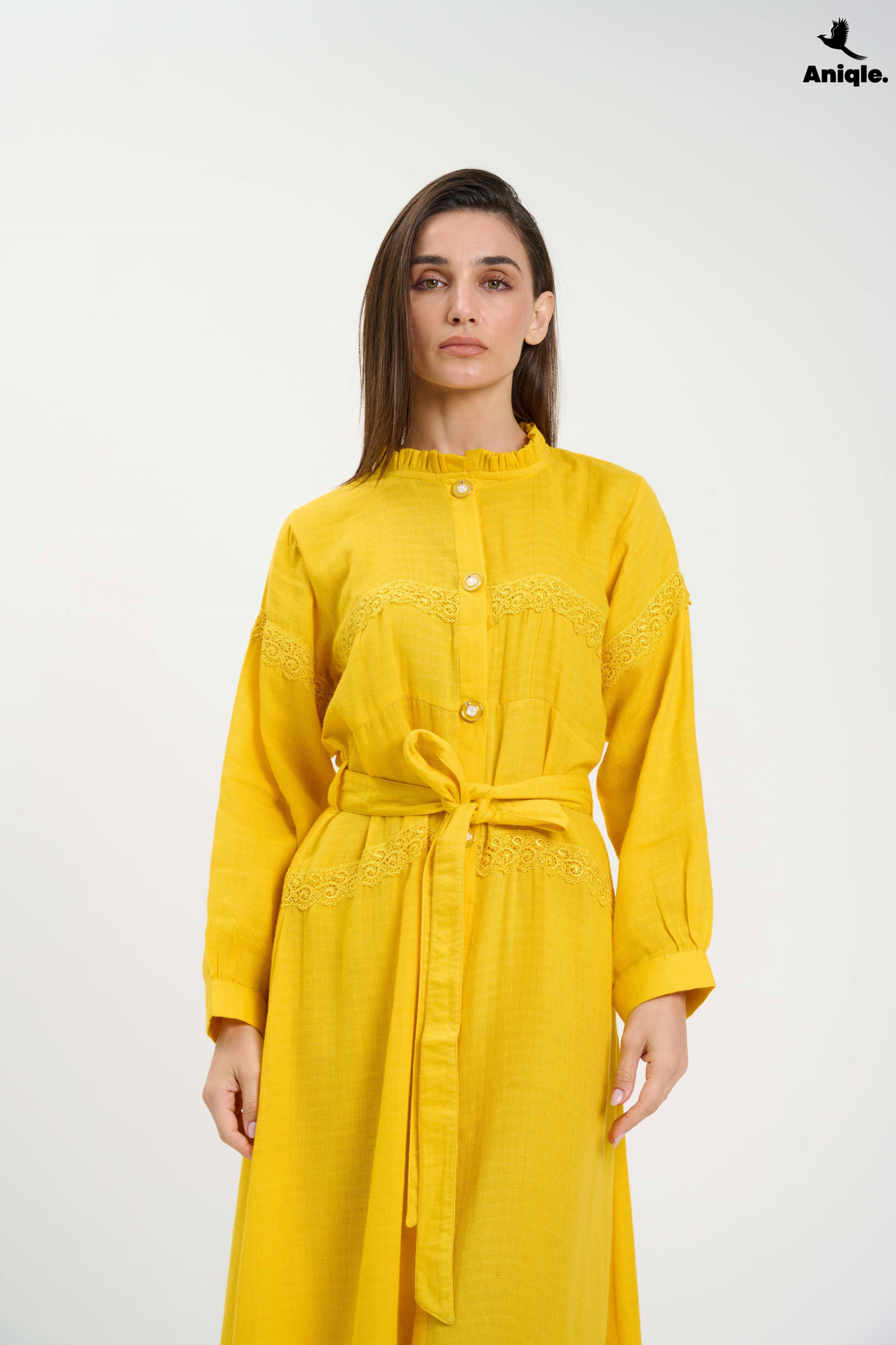 ANQ-10015 Bright Yellow Button-Down Midi Dress