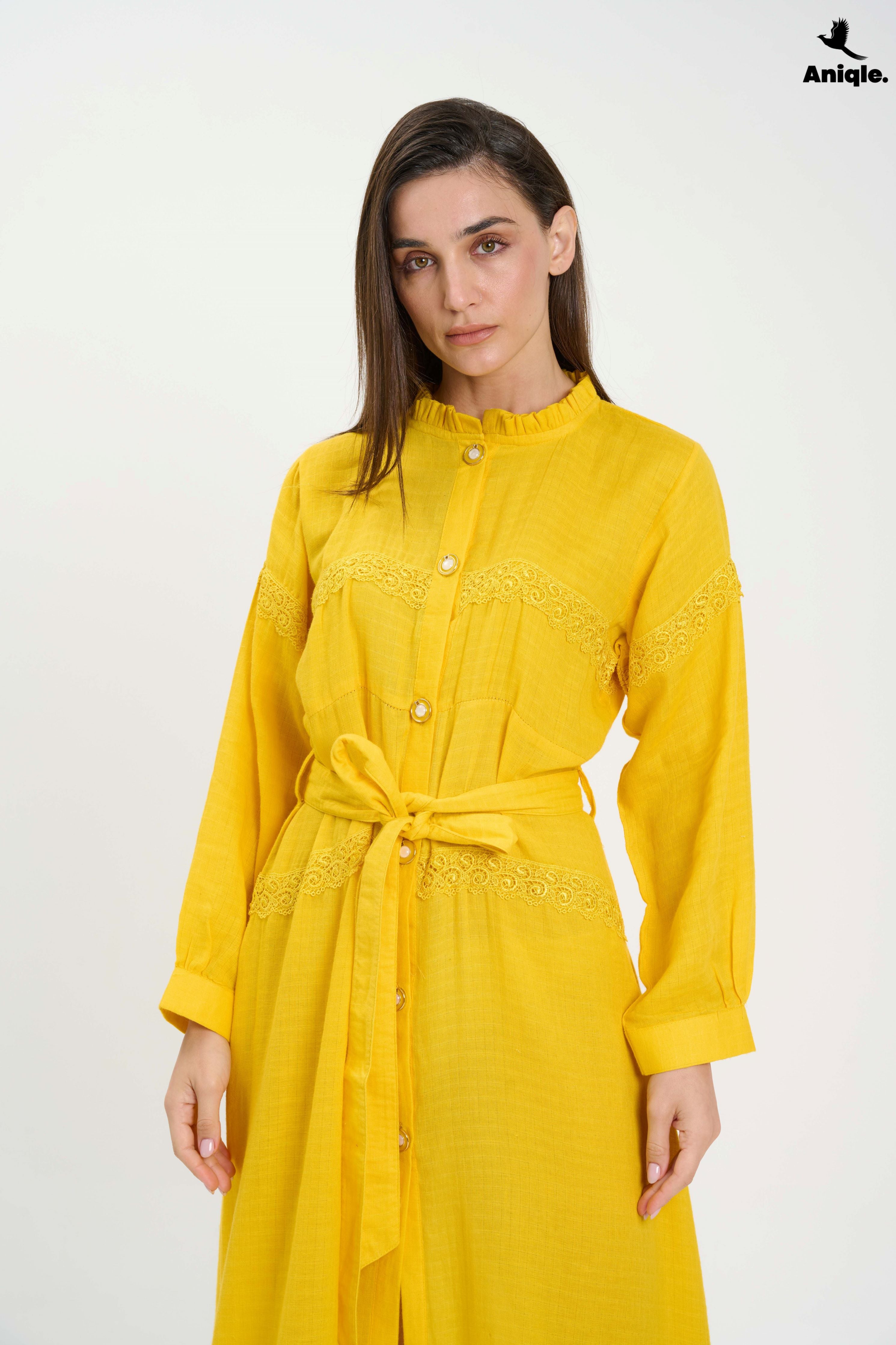 ANQ-10015 Bright Yellow Button-Down Midi Dress