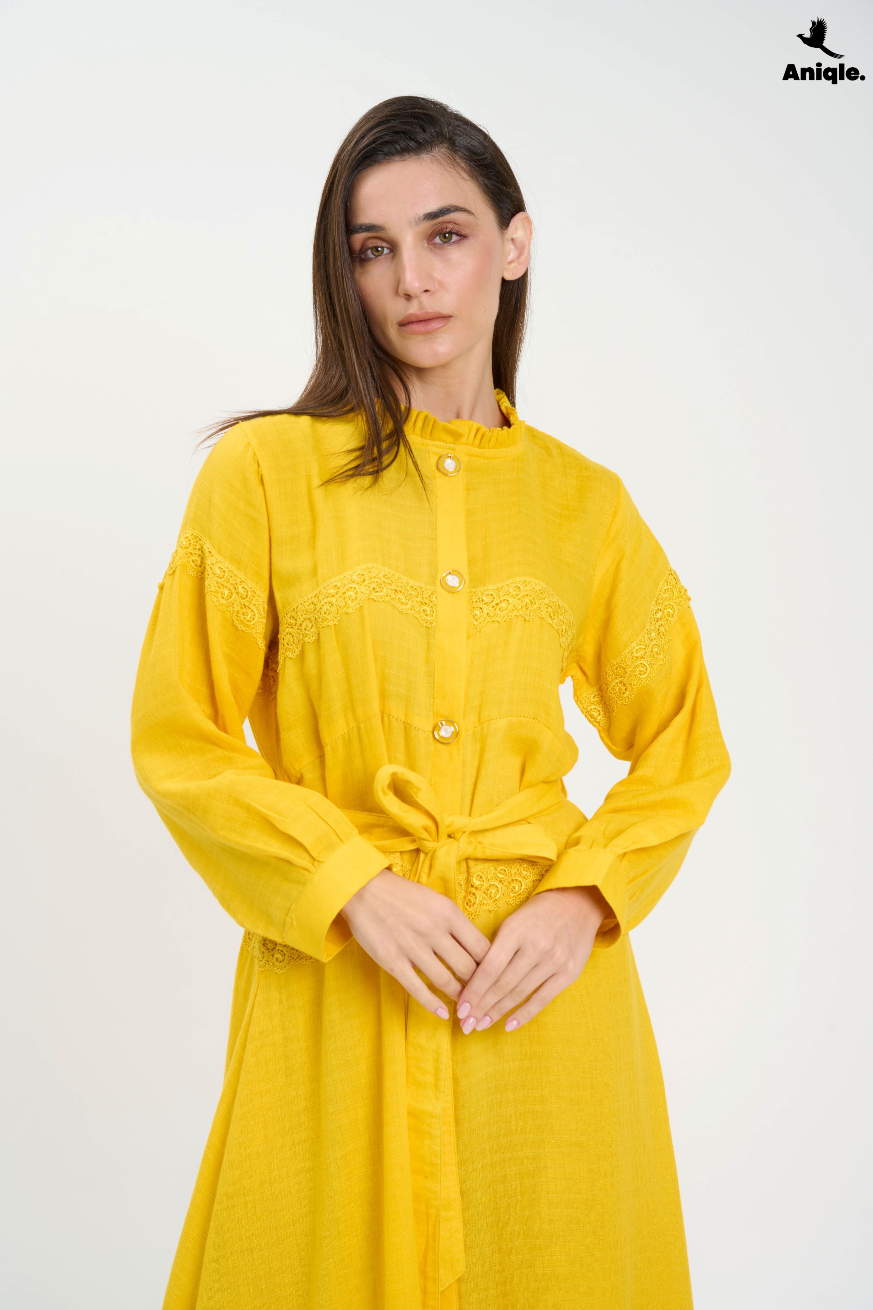 ANQ-10015 Bright Yellow Button-Down Midi Dress