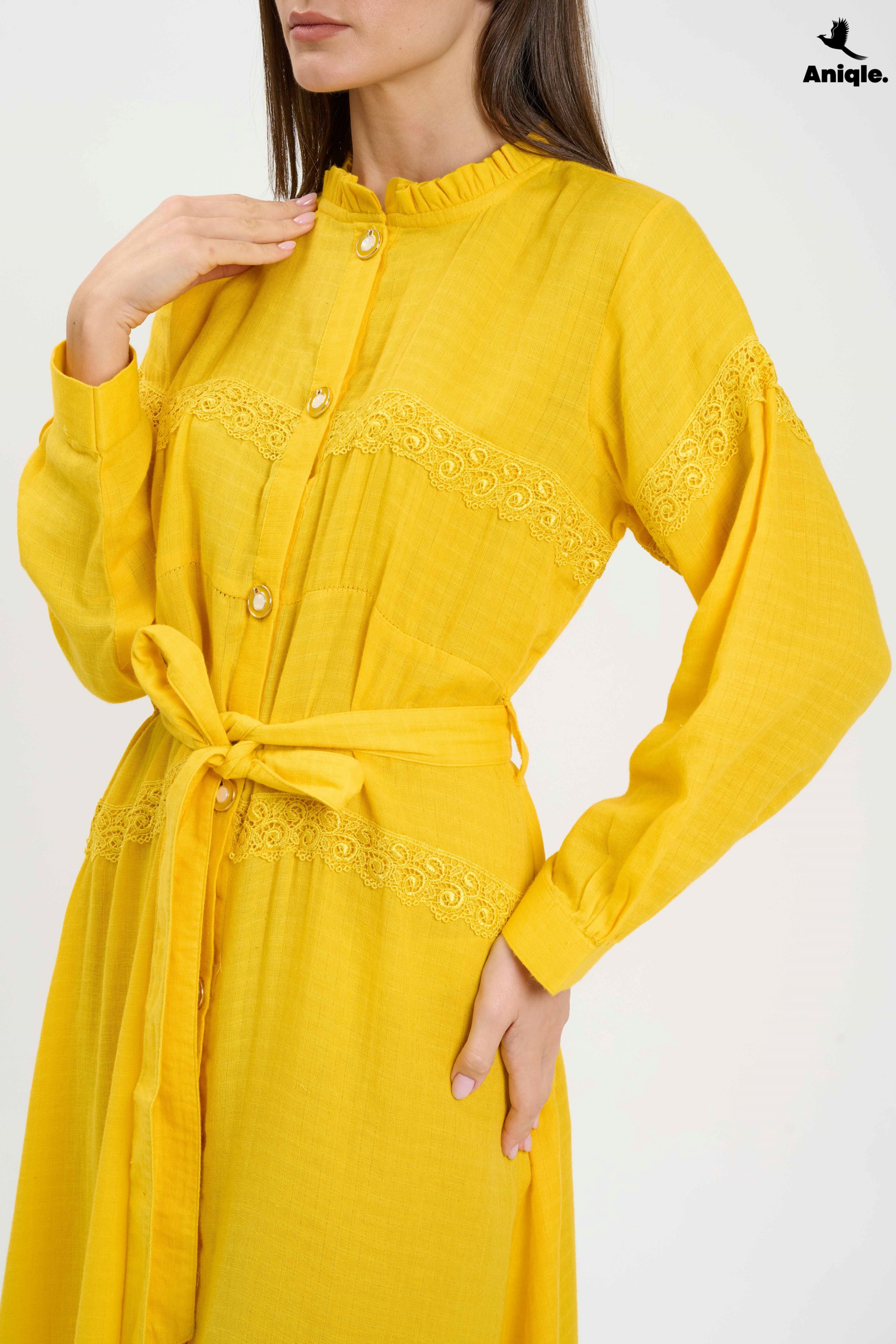 ANQ-10015 Bright Yellow Button-Down Midi Dress