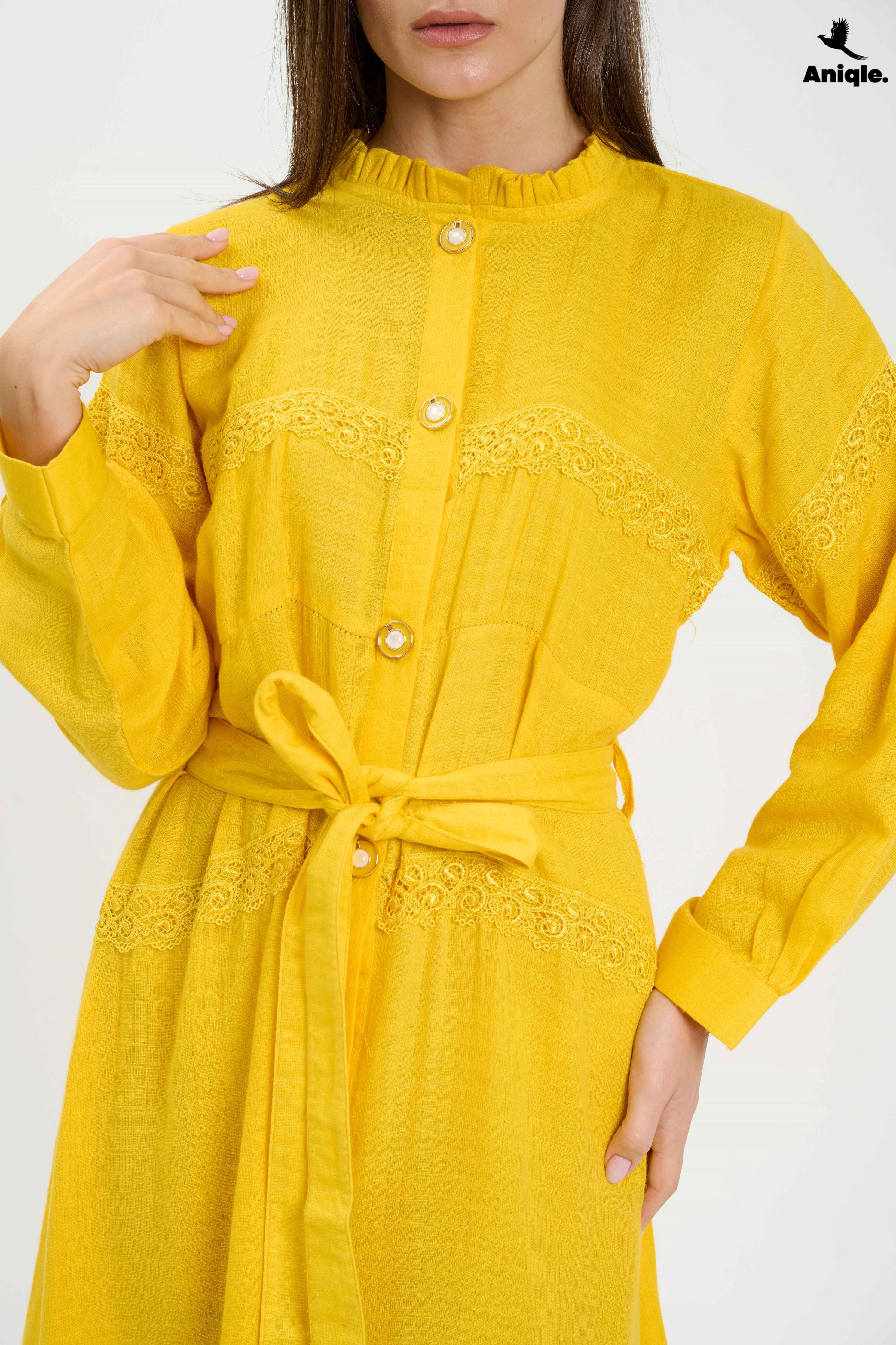 ANQ-10015 Bright Yellow Button-Down Midi Dress