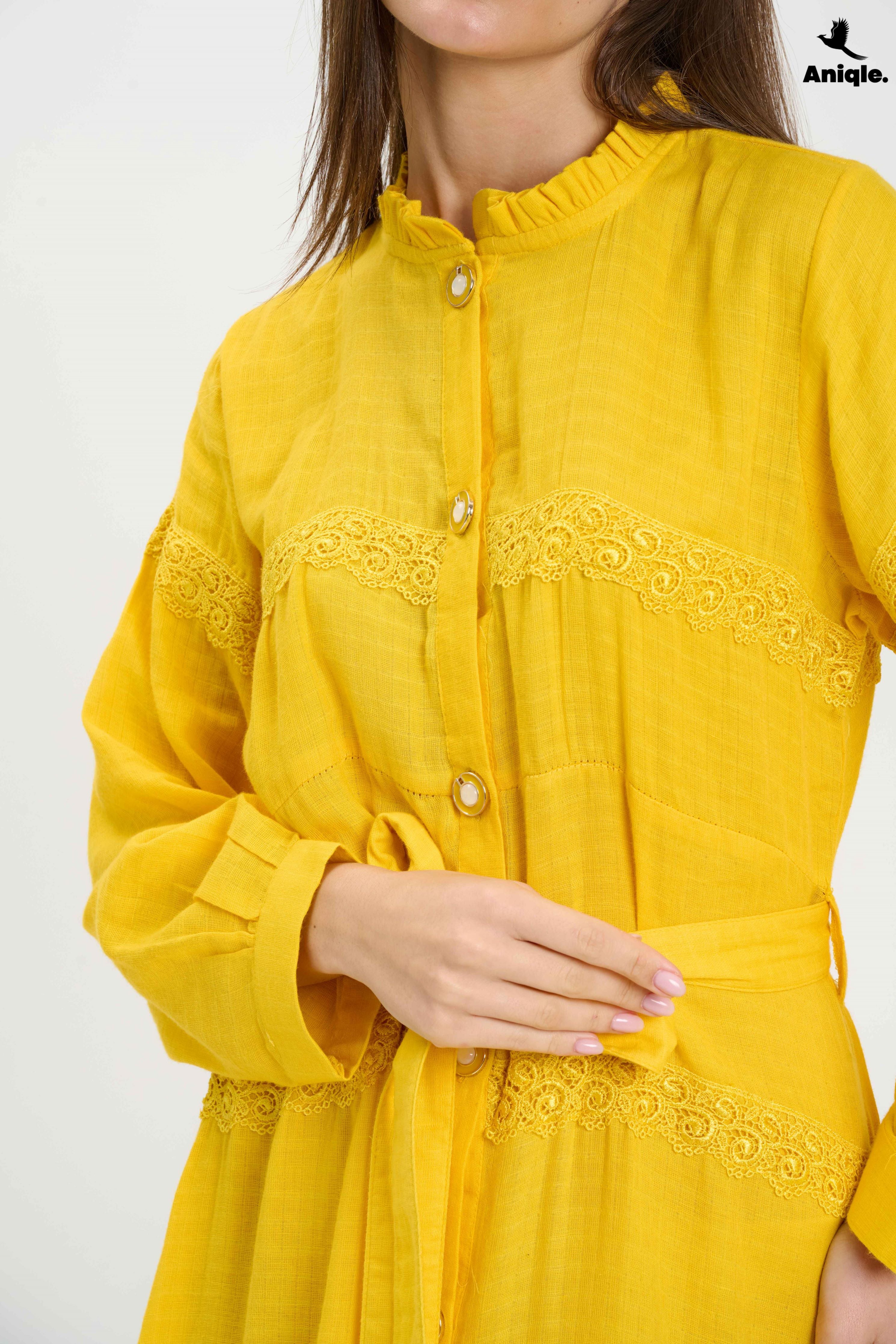 ANQ-10015 Bright Yellow Button-Down Midi Dress