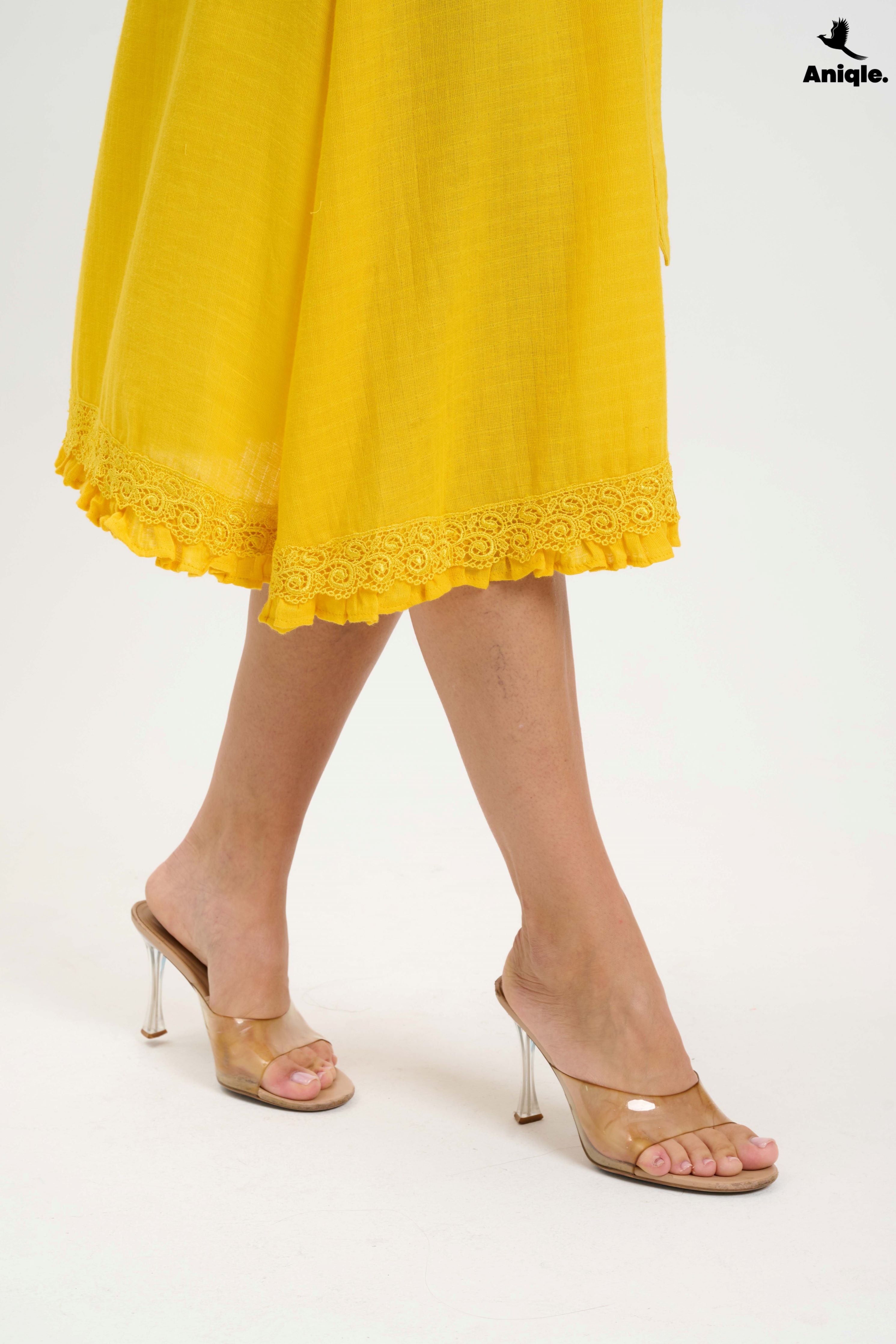 ANQ-10015 Bright Yellow Button-Down Midi Dress