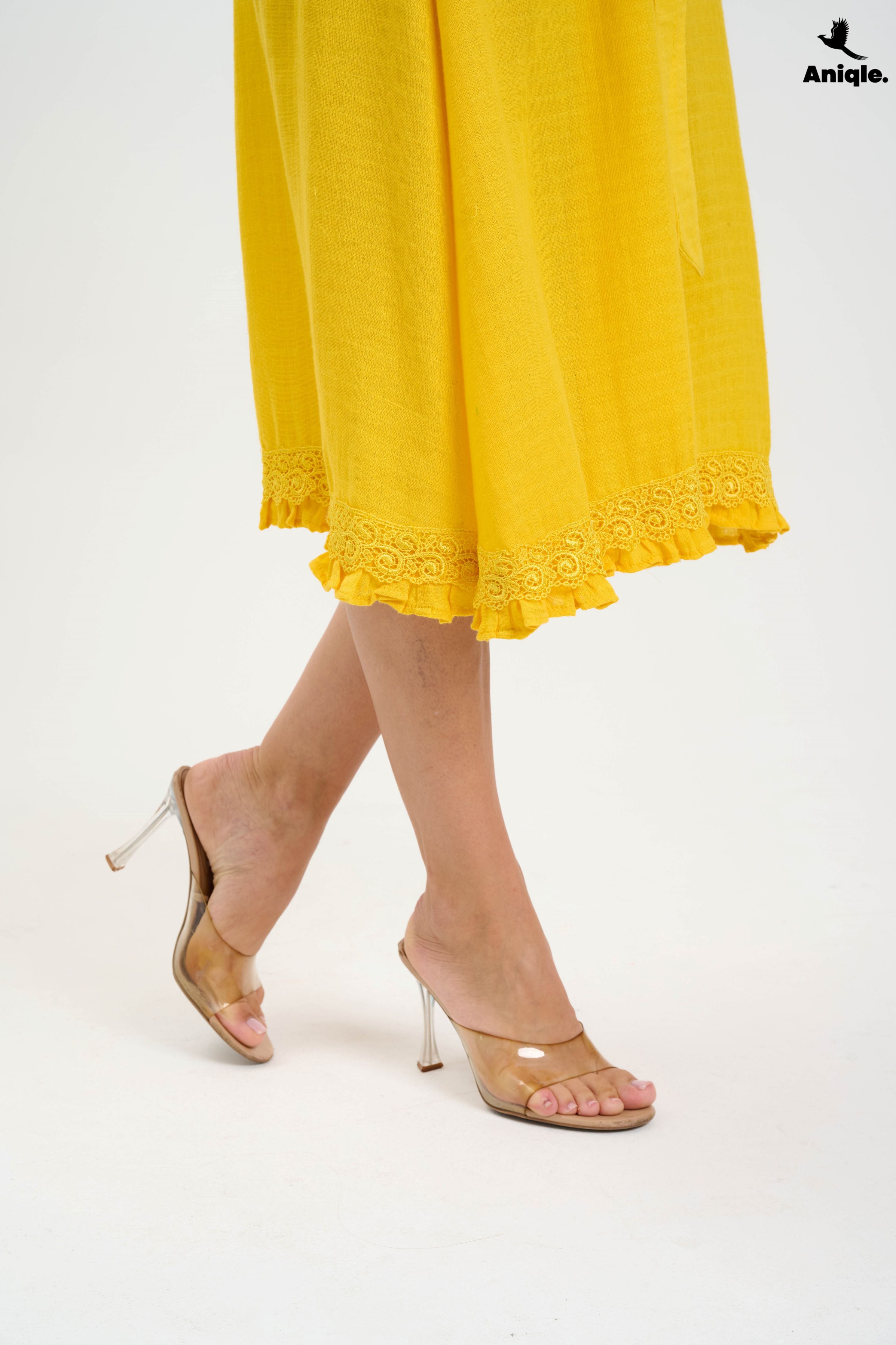 ANQ-10015 Bright Yellow Button-Down Midi Dress