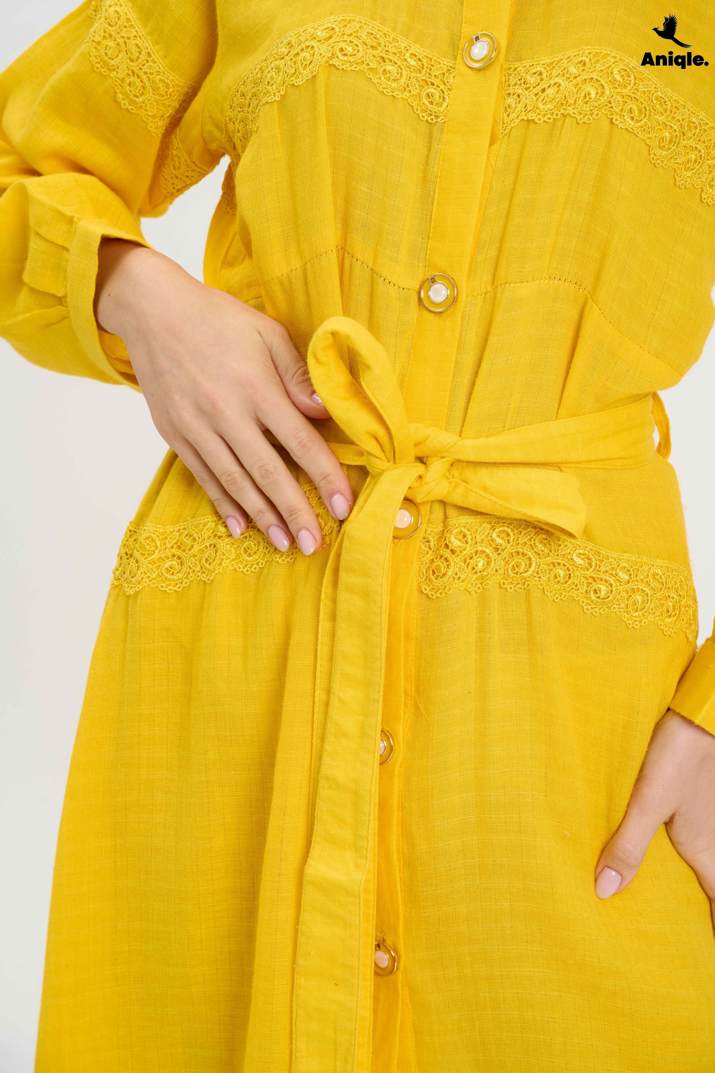 ANQ-10015 Bright Yellow Button-Down Midi Dress