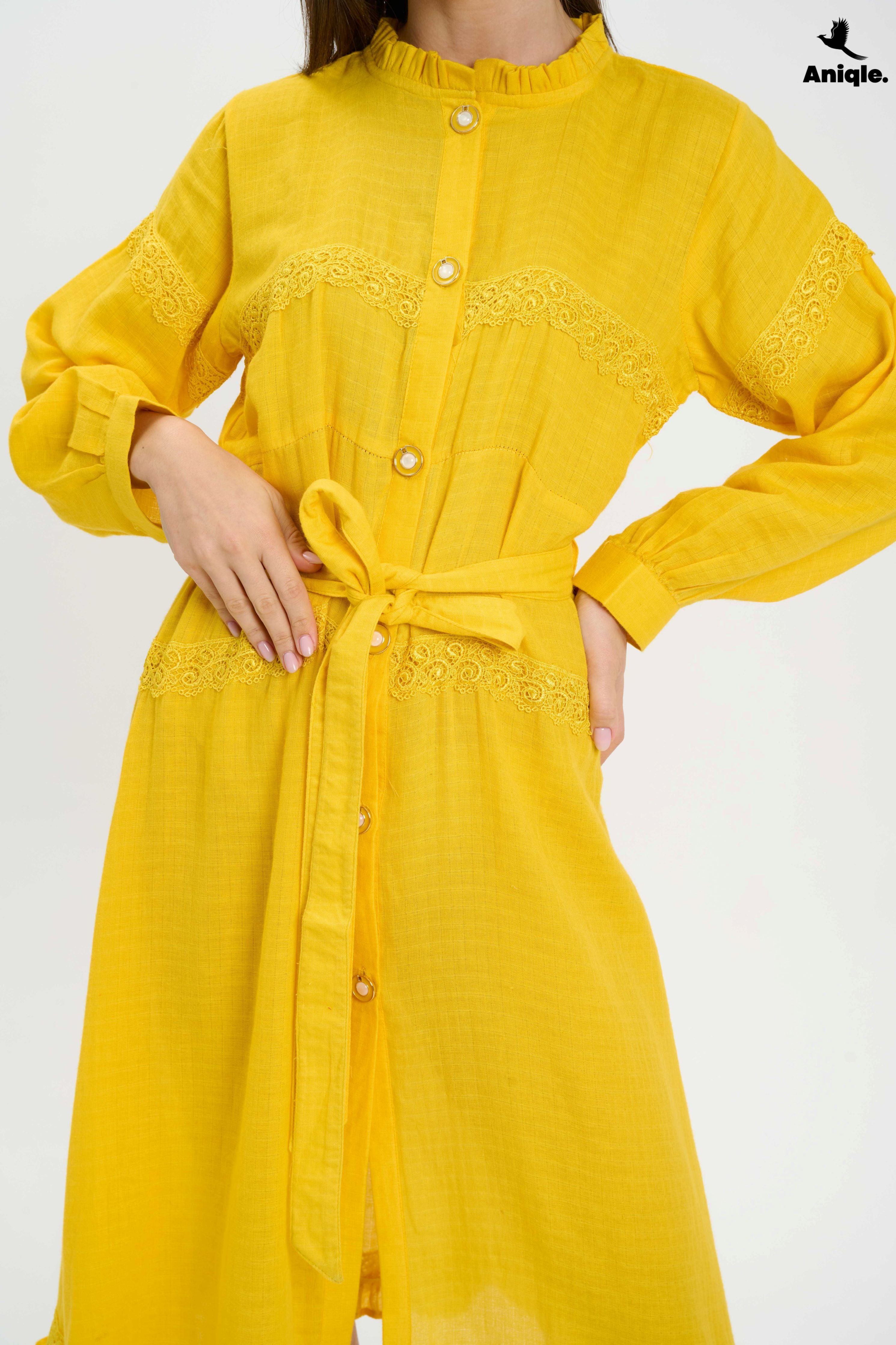 ANQ-10015 Bright Yellow Button-Down Midi Dress