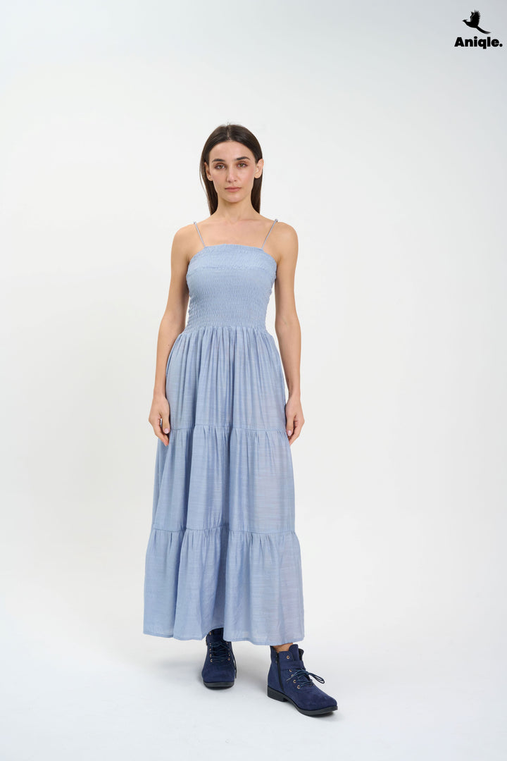 Light Blue Tiered Maxi Dress with Smocked Bodice