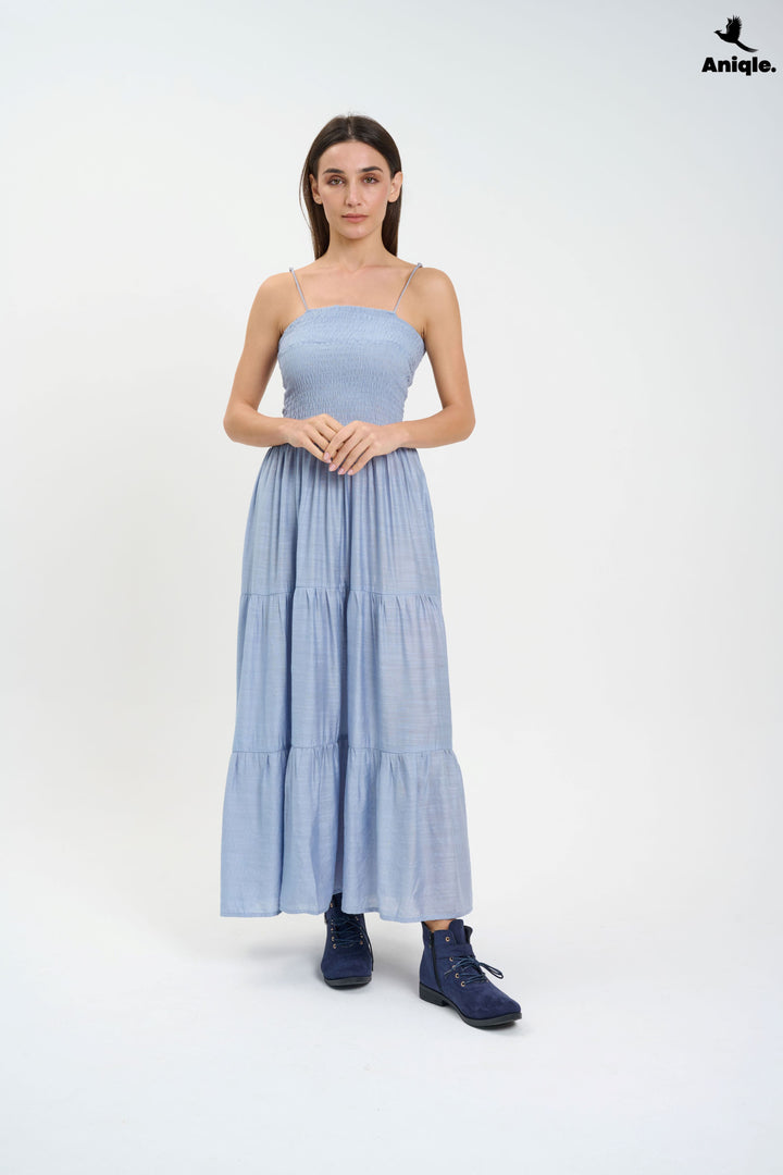 Light Blue Tiered Maxi Dress with Smocked Bodice