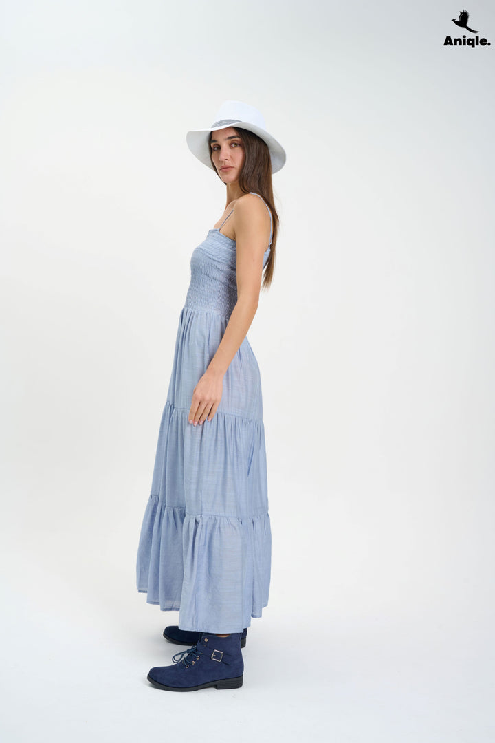 Light Blue Tiered Maxi Dress with Smocked Bodice