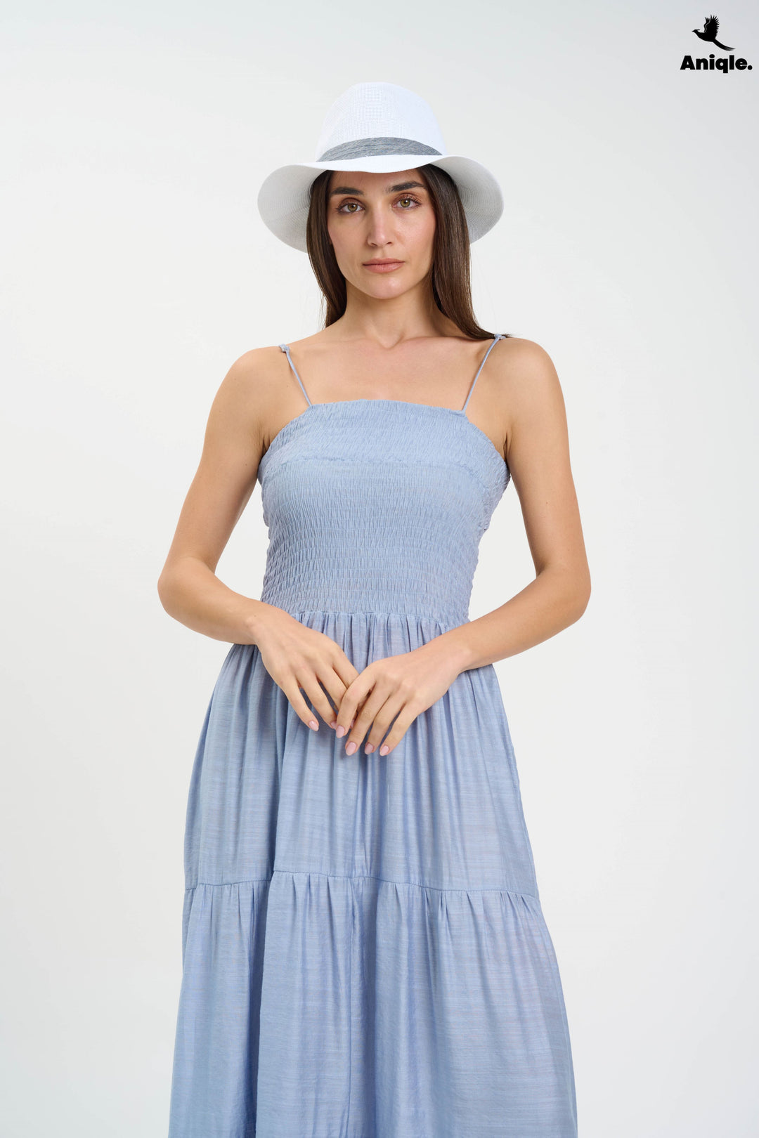 Light Blue Tiered Maxi Dress with Smocked Bodice