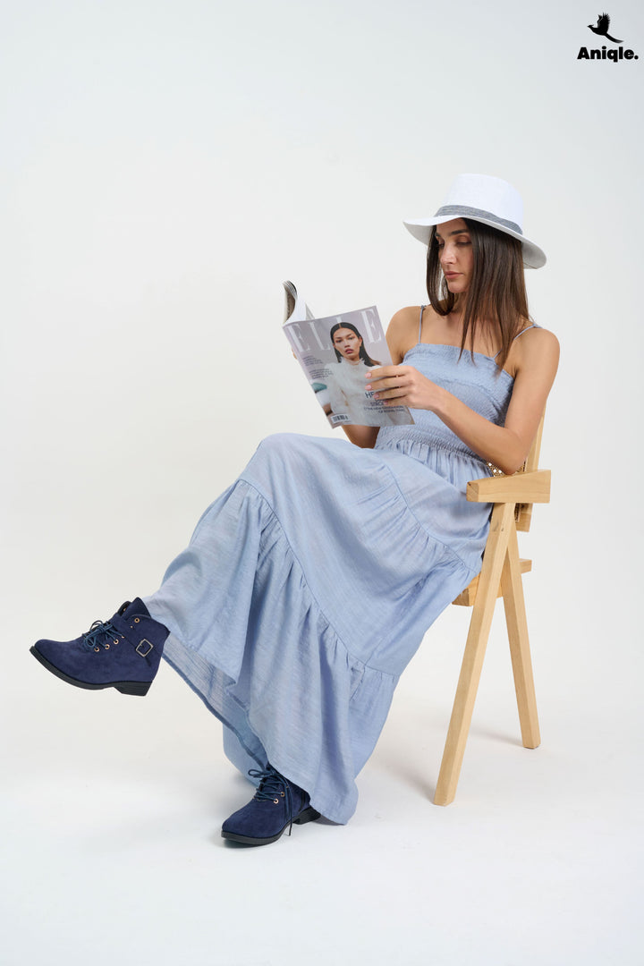 Light Blue Tiered Maxi Dress with Smocked Bodice