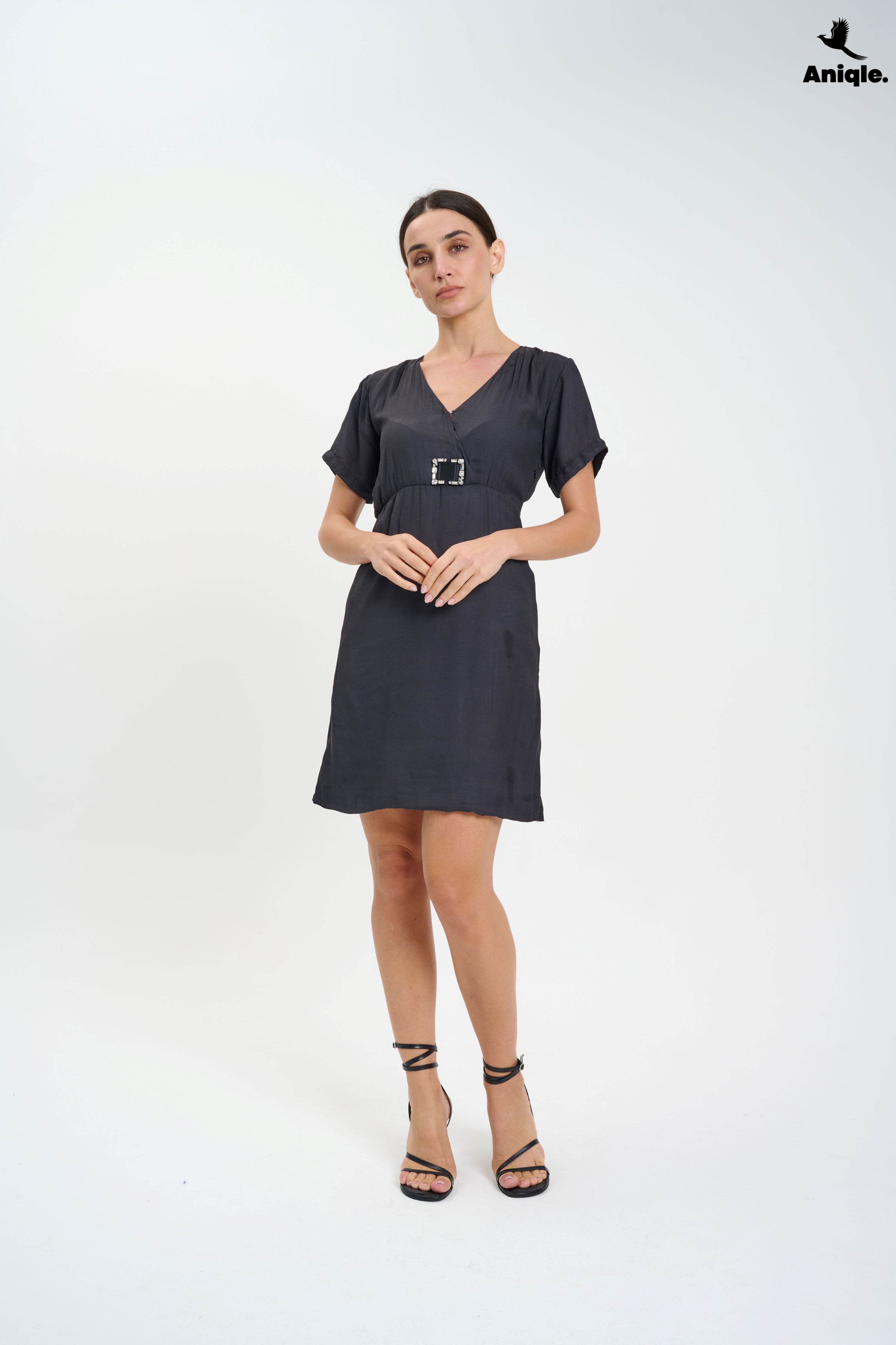 ANQ-10023 Charcoal Charm Buckle Mini Wrap Dress