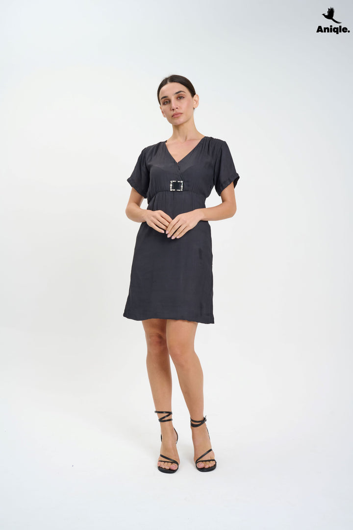 Charcoal Charm Buckle Mini Wrap Dress