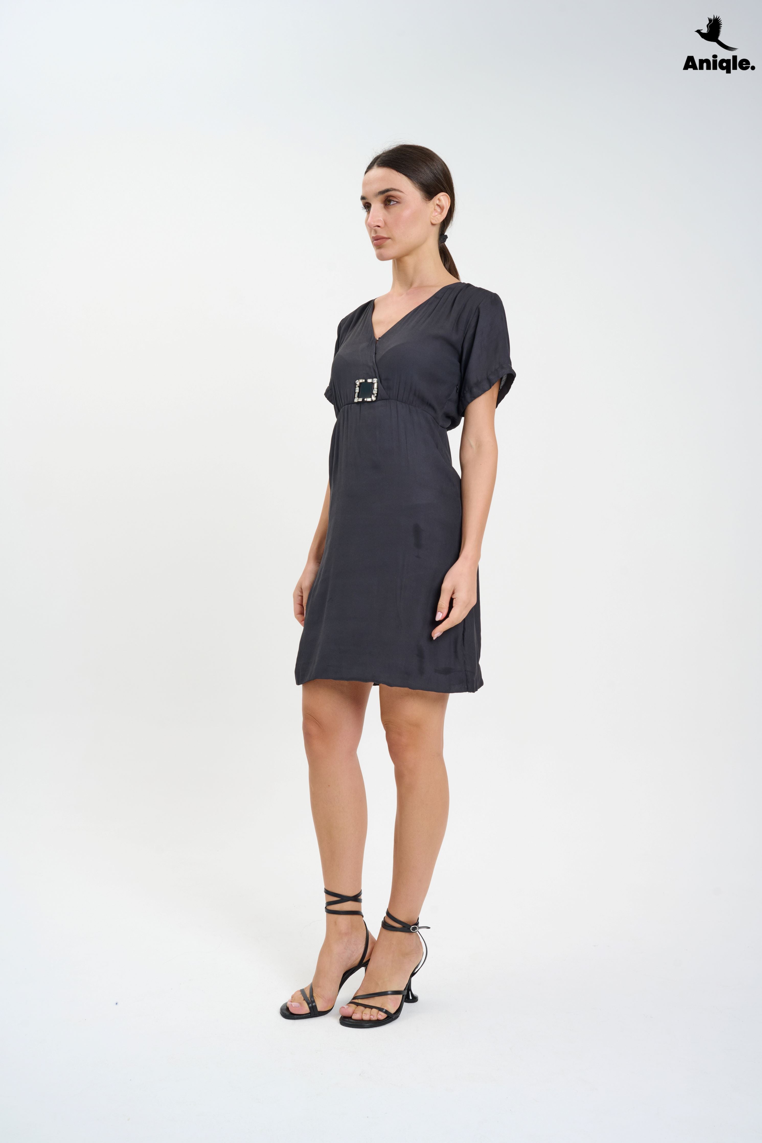 ANQ-10023 Charcoal Charm Buckle Mini Wrap Dress