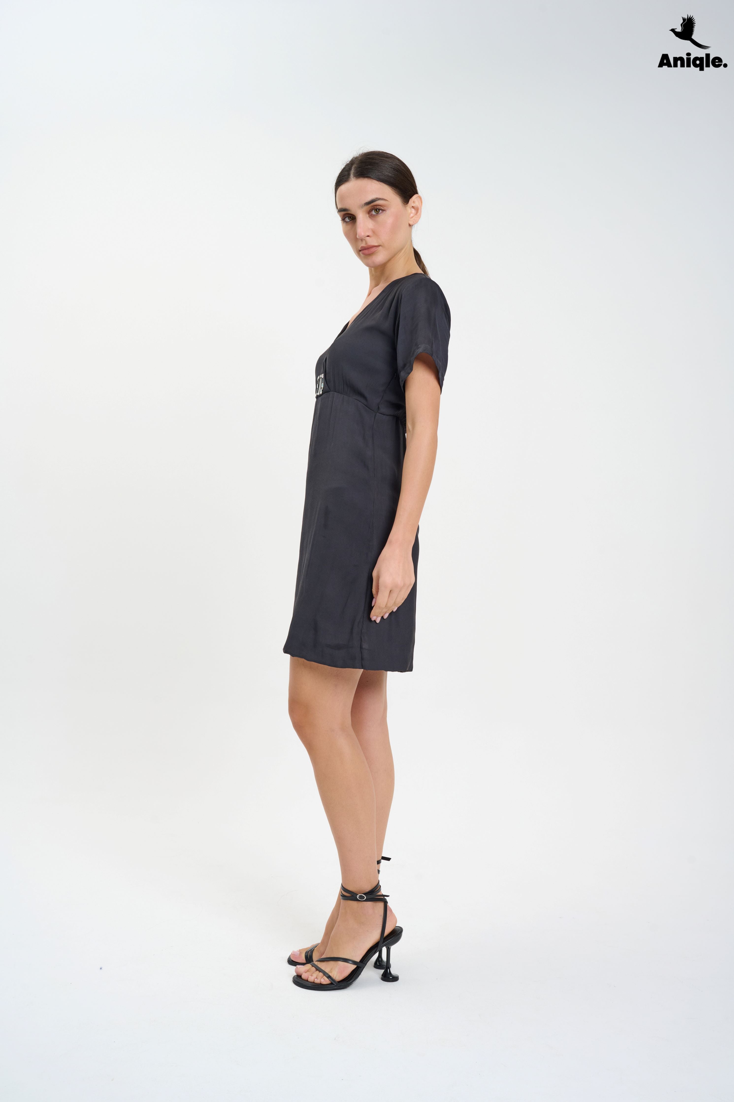 ANQ-10023 Charcoal Charm Buckle Mini Wrap Dress
