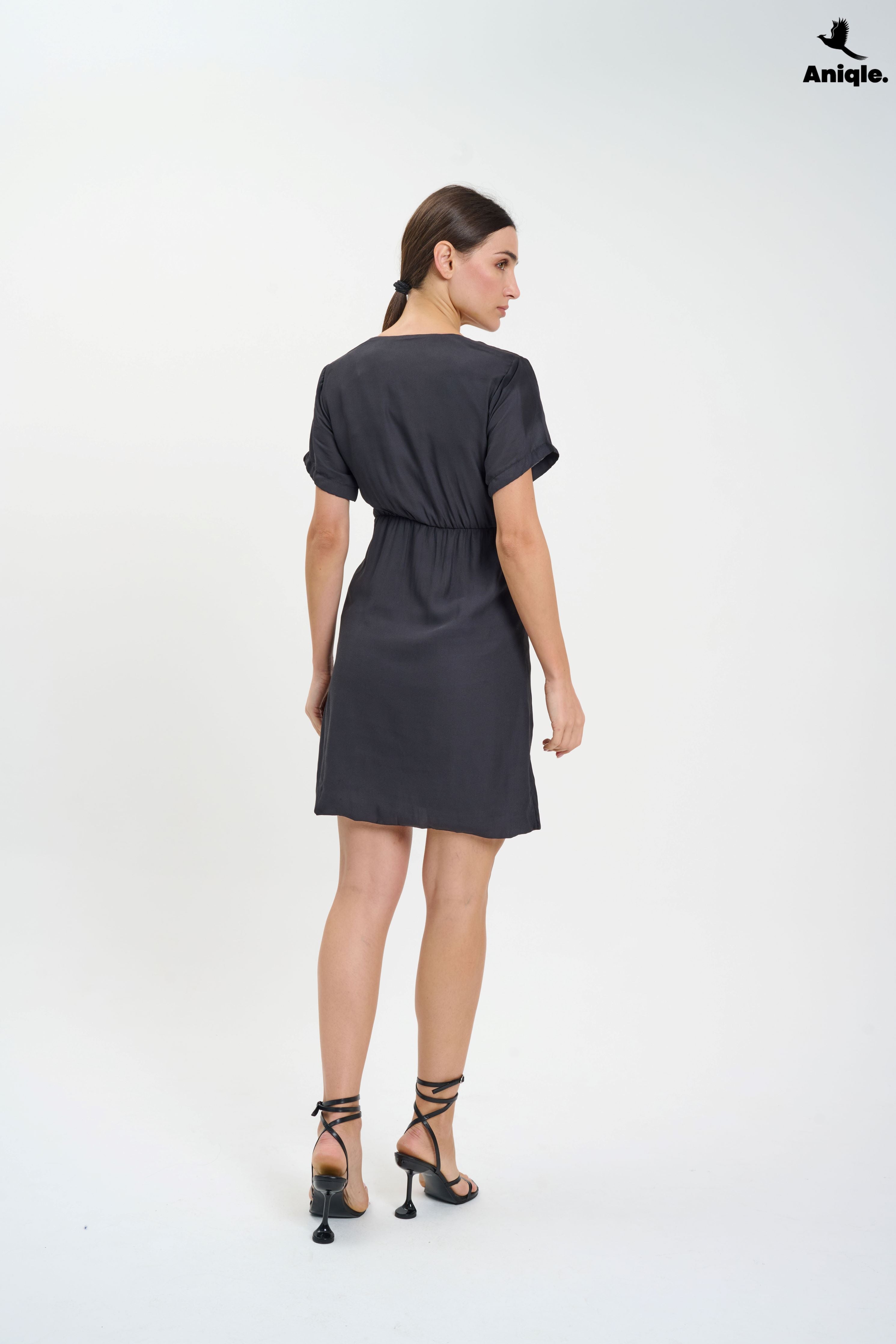 ANQ-10023 Charcoal Charm Buckle Mini Wrap Dress