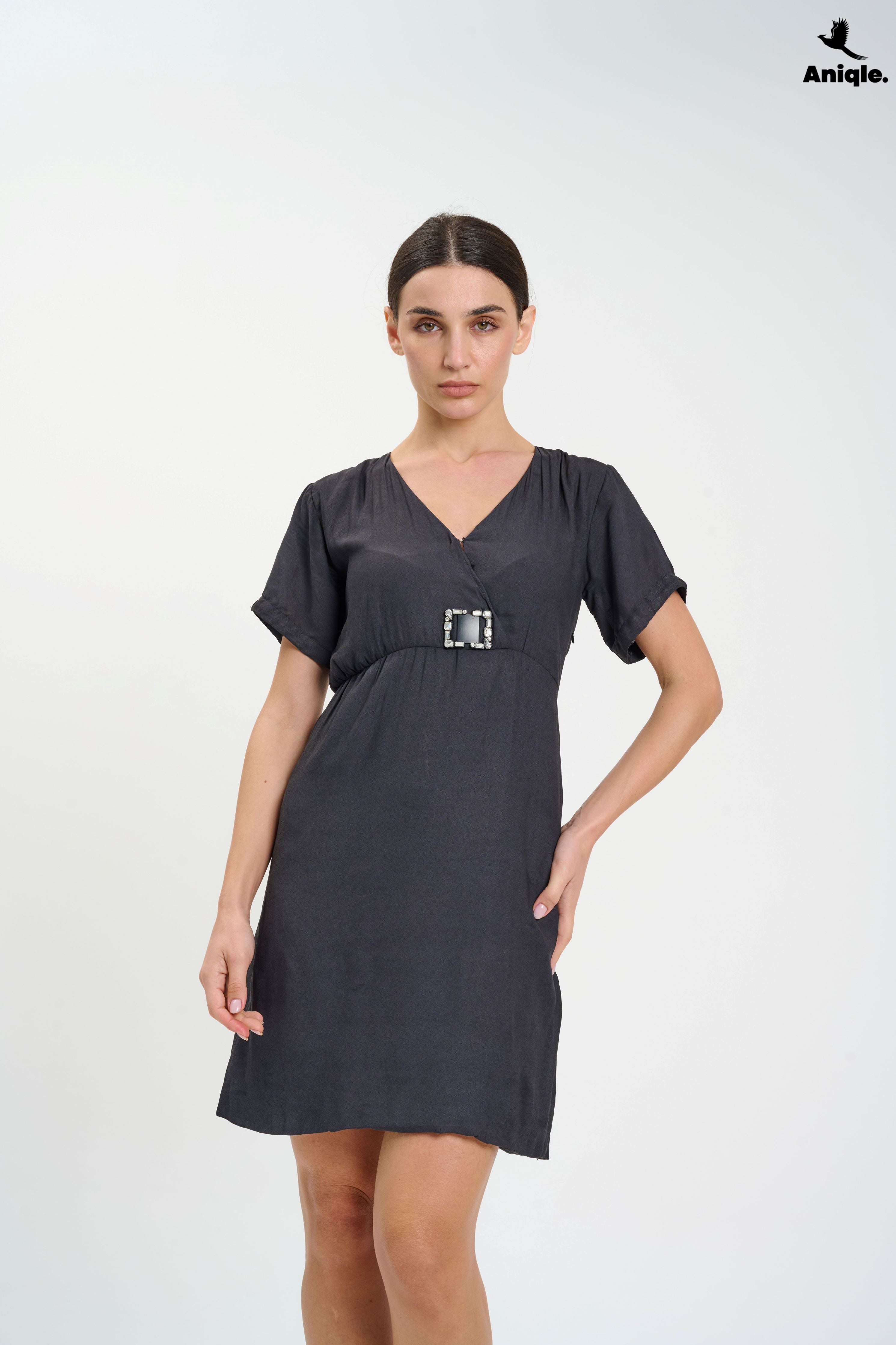 ANQ-10023 Charcoal Charm Buckle Mini Wrap Dress