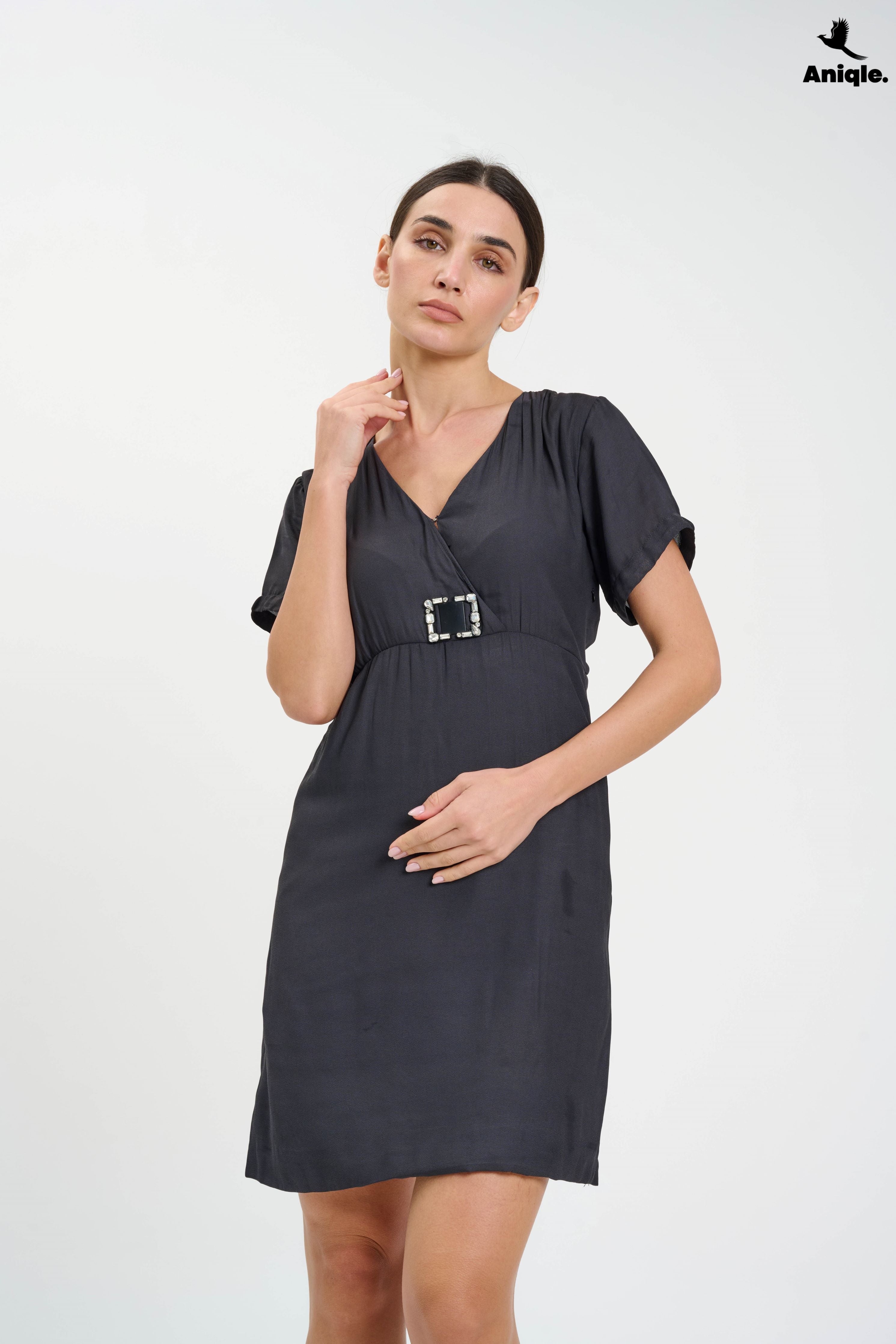ANQ-10023 Charcoal Charm Buckle Mini Wrap Dress