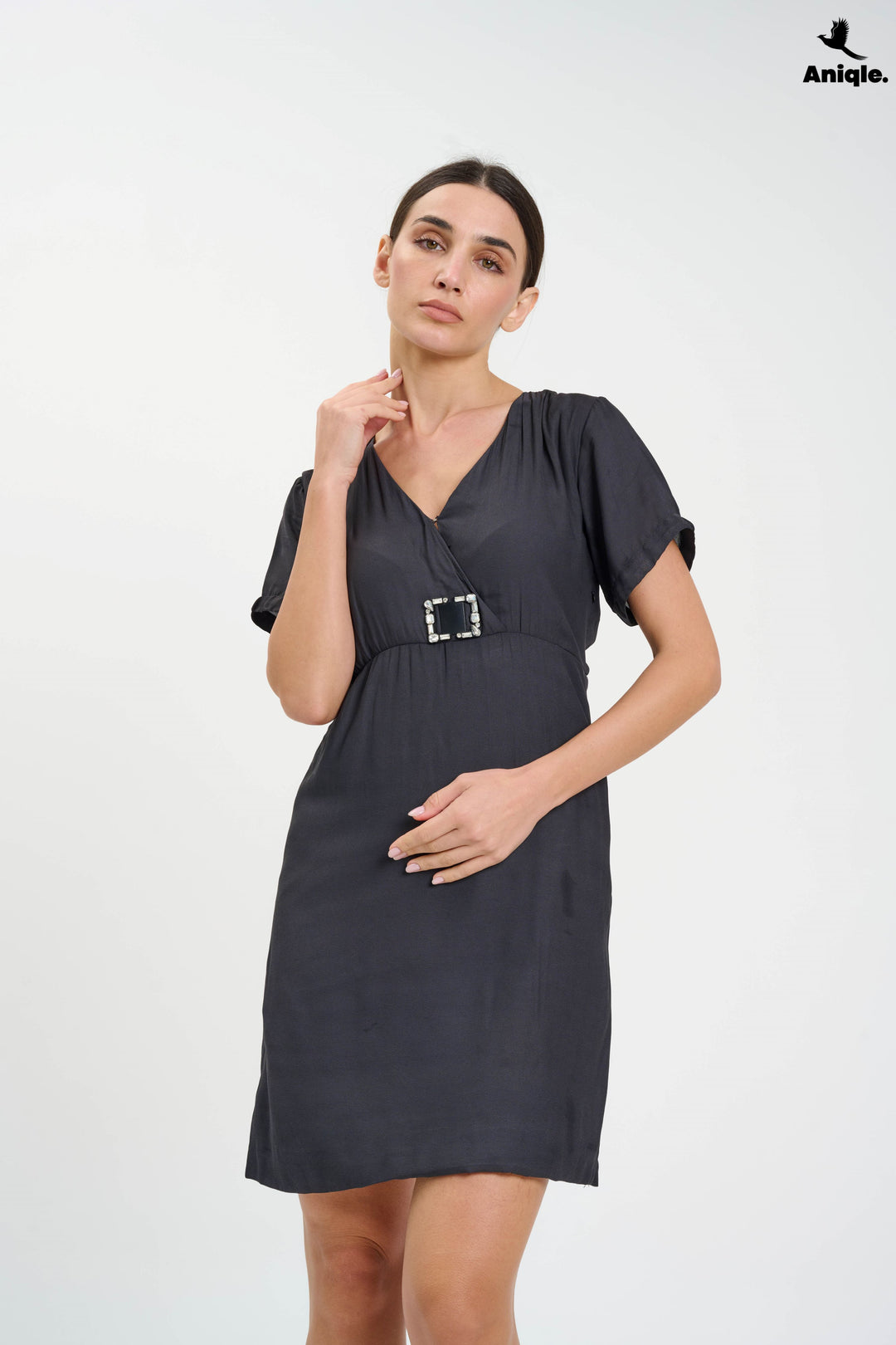 Charcoal Charm Buckle Mini Wrap Dress