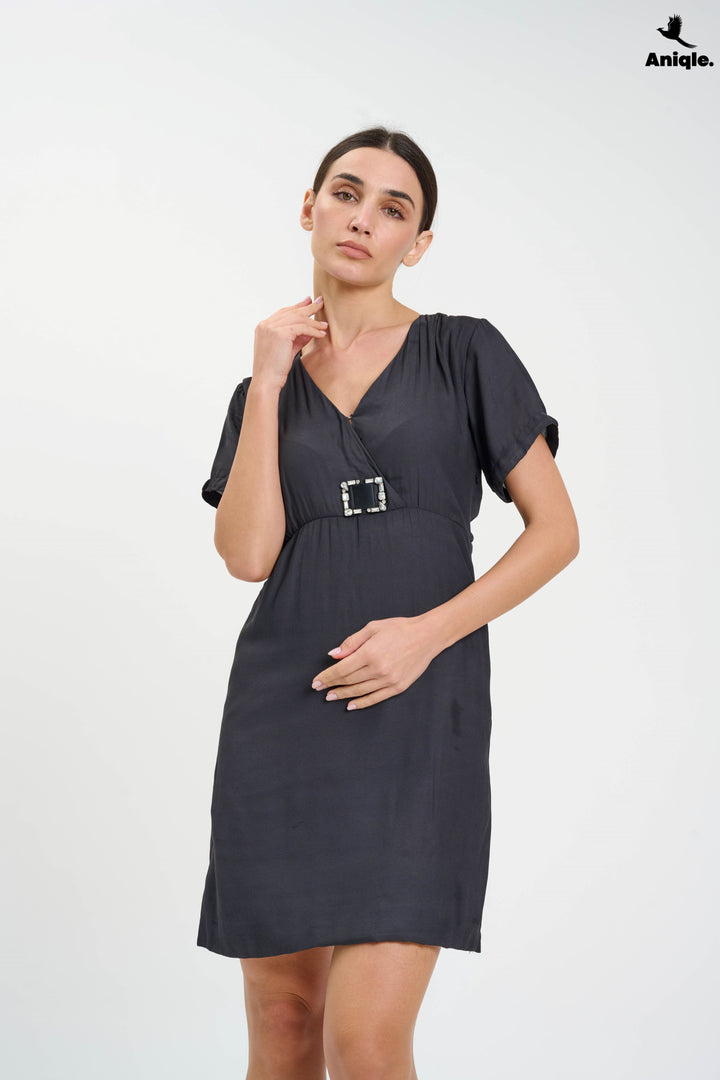 Charcoal Charm Buckle Mini Wrap Dress