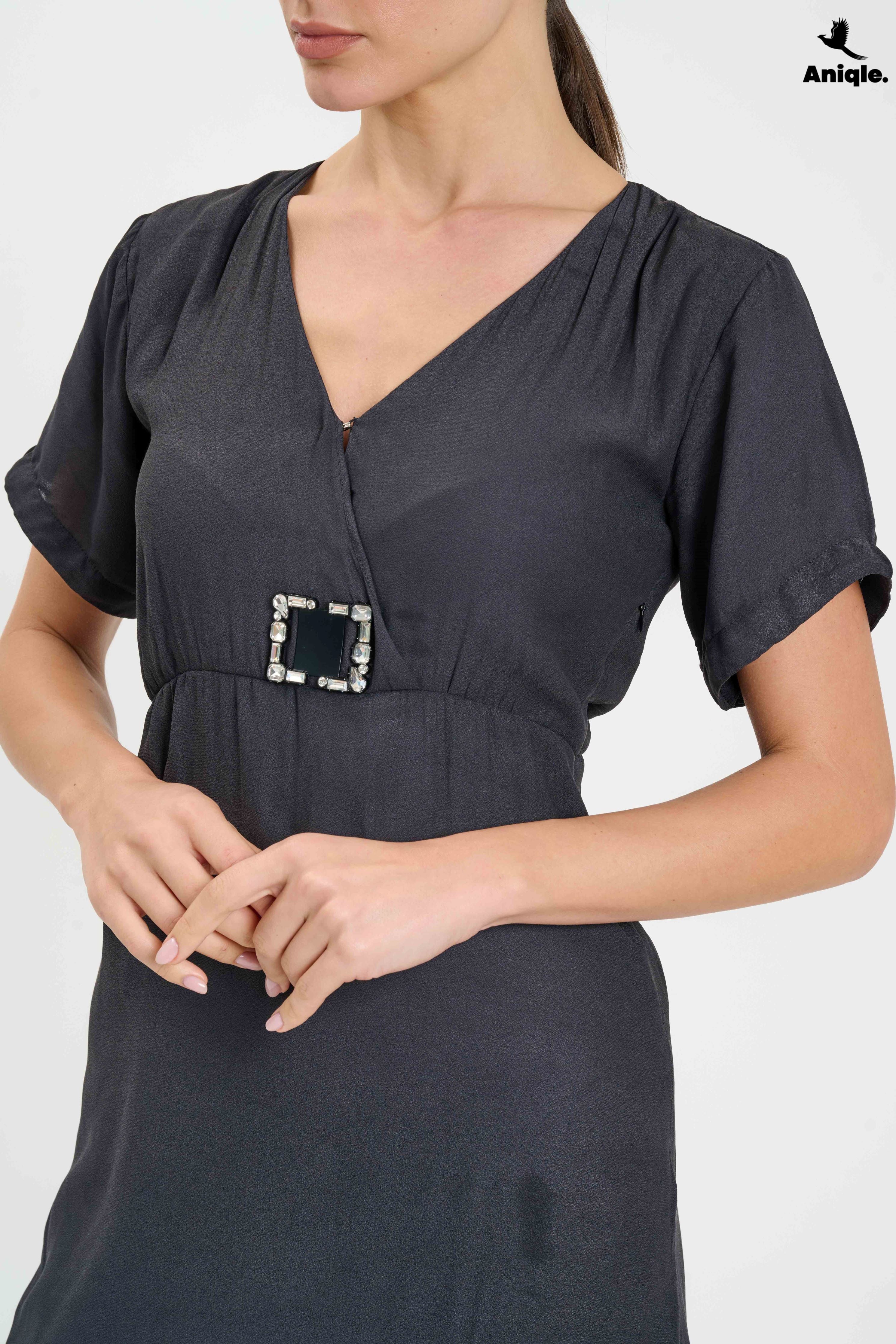 ANQ-10023 Charcoal Charm Buckle Mini Wrap Dress