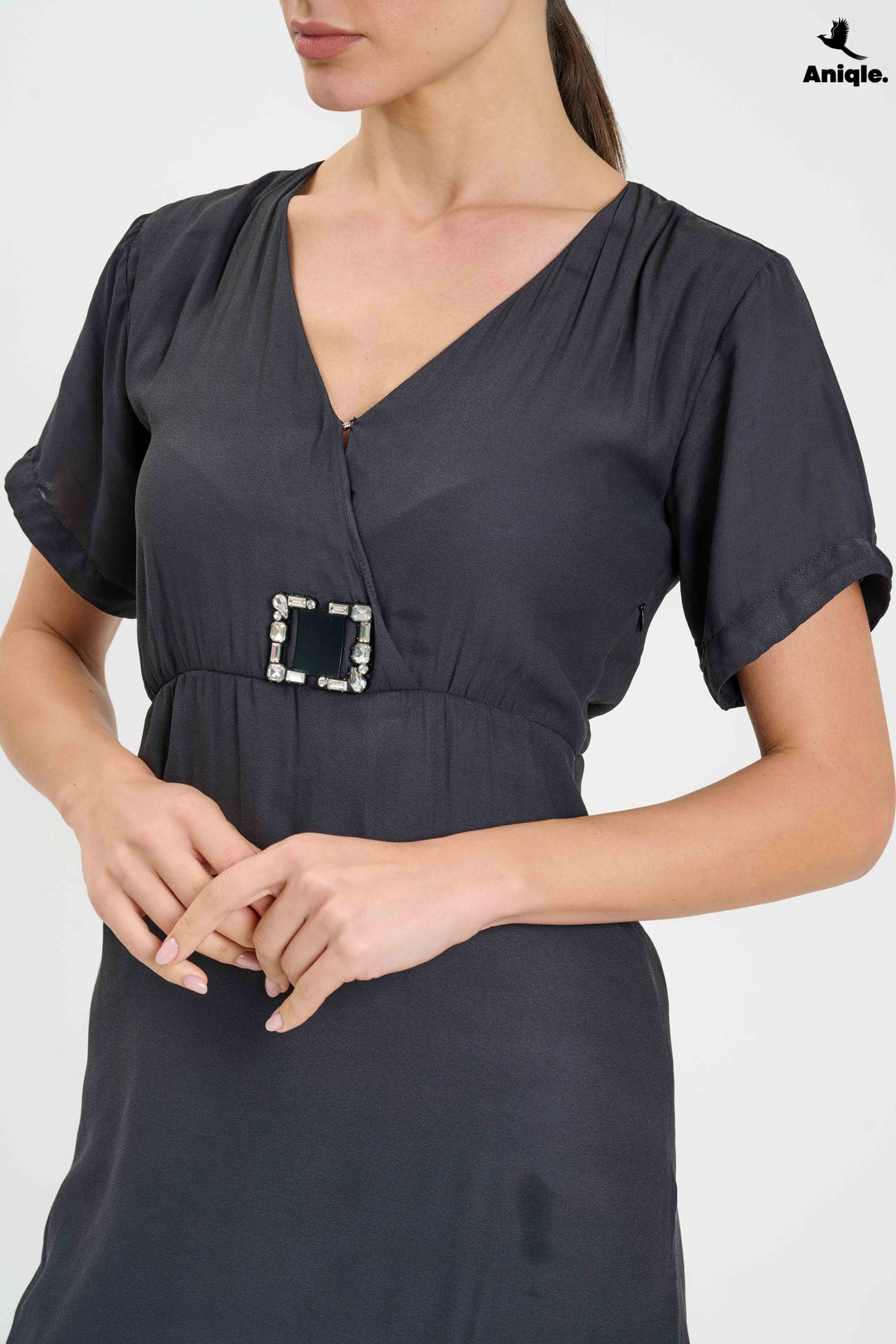 Charcoal Charm Buckle Mini Wrap Dress