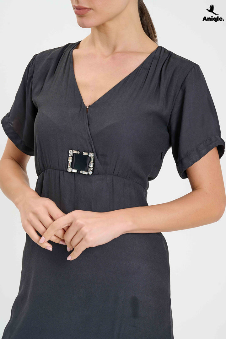 Charcoal Charm Buckle Mini Wrap Dress
